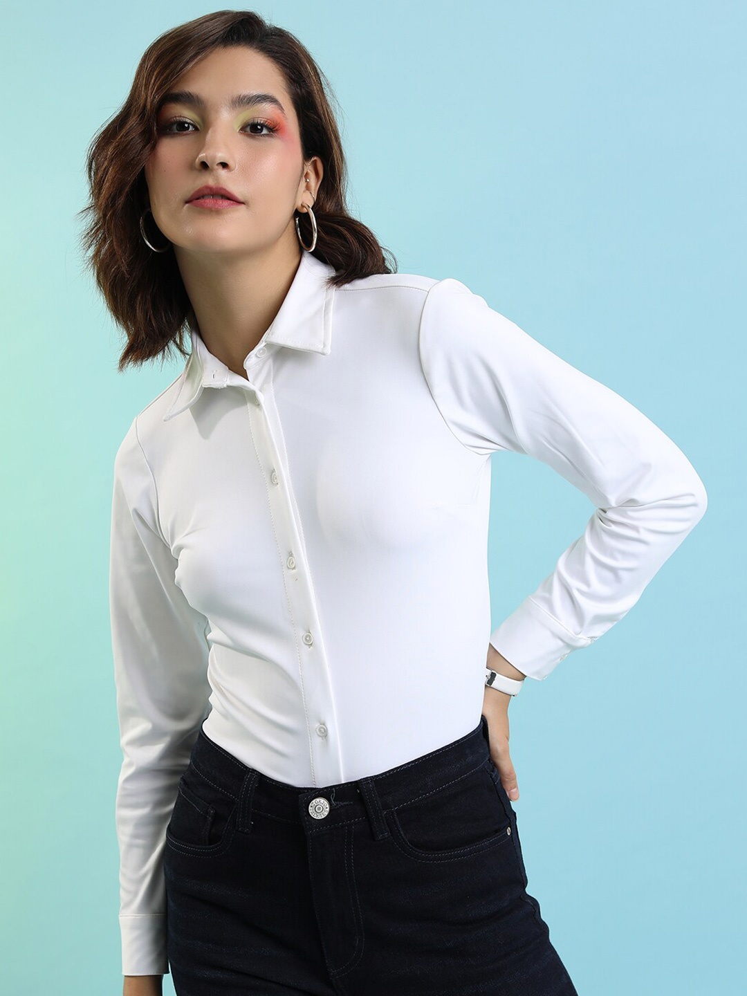 

Tokyo Talkies White Spread Collar Formal Shirt