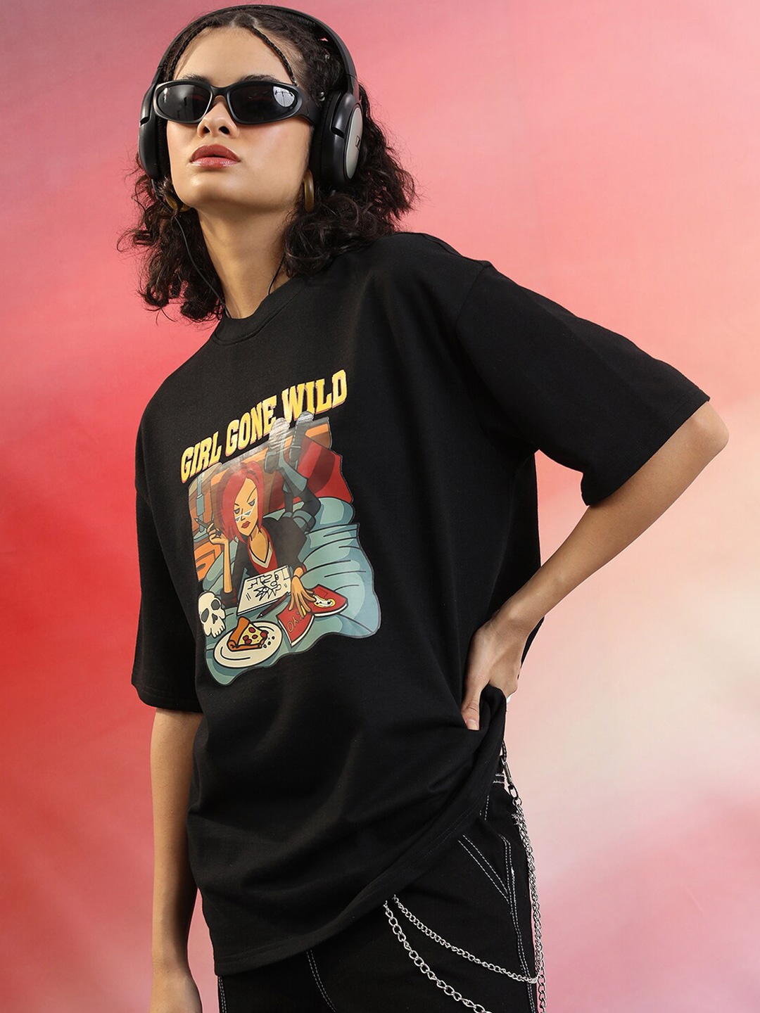 

Tokyo Talkies Oversized Graphic Printed Drop Shoulder Sleeves Casual T-Shirt, Black