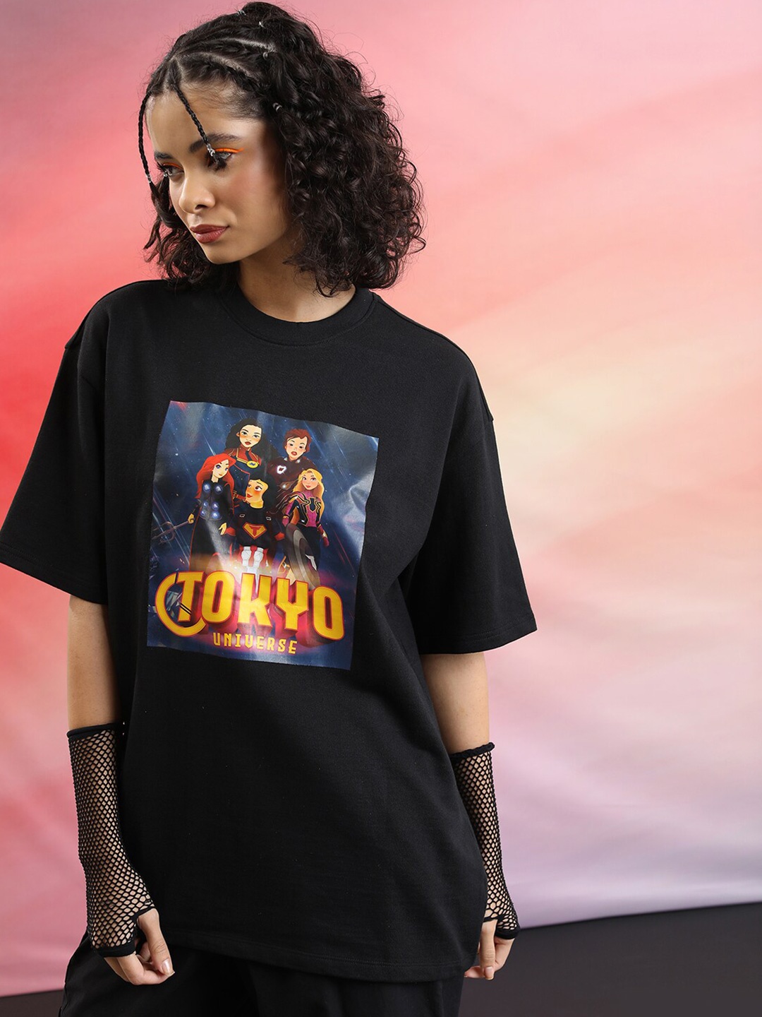

Tokyo Talkies Oversized Graphic Printed Drop Shoulder Sleeves Casual T-Shirt, Black