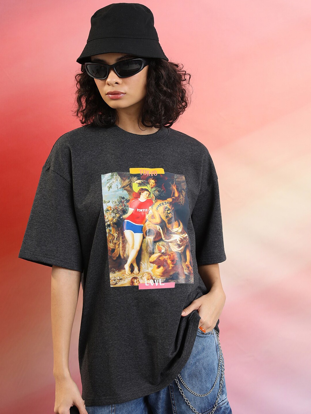 

Tokyo Talkies Graphic Printed Oversized T-shirt, Charcoal