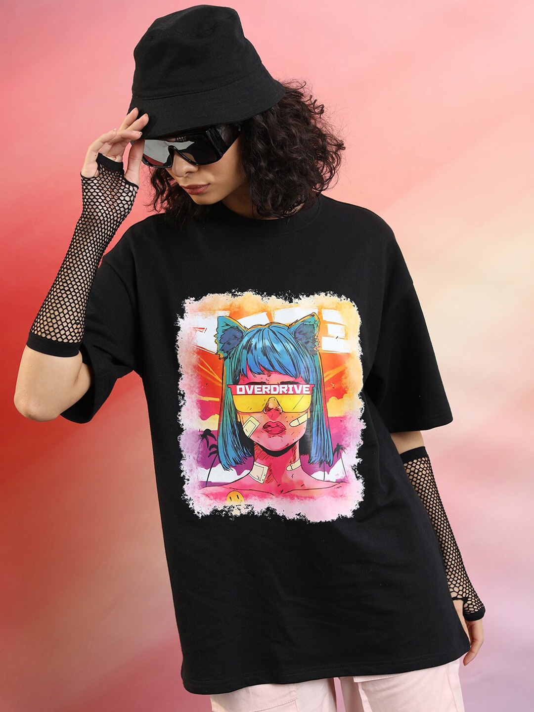 

Tokyo Talkies Oversized Graphic Printed Drop Shoulder Sleeves Casual T-Shirt, Black