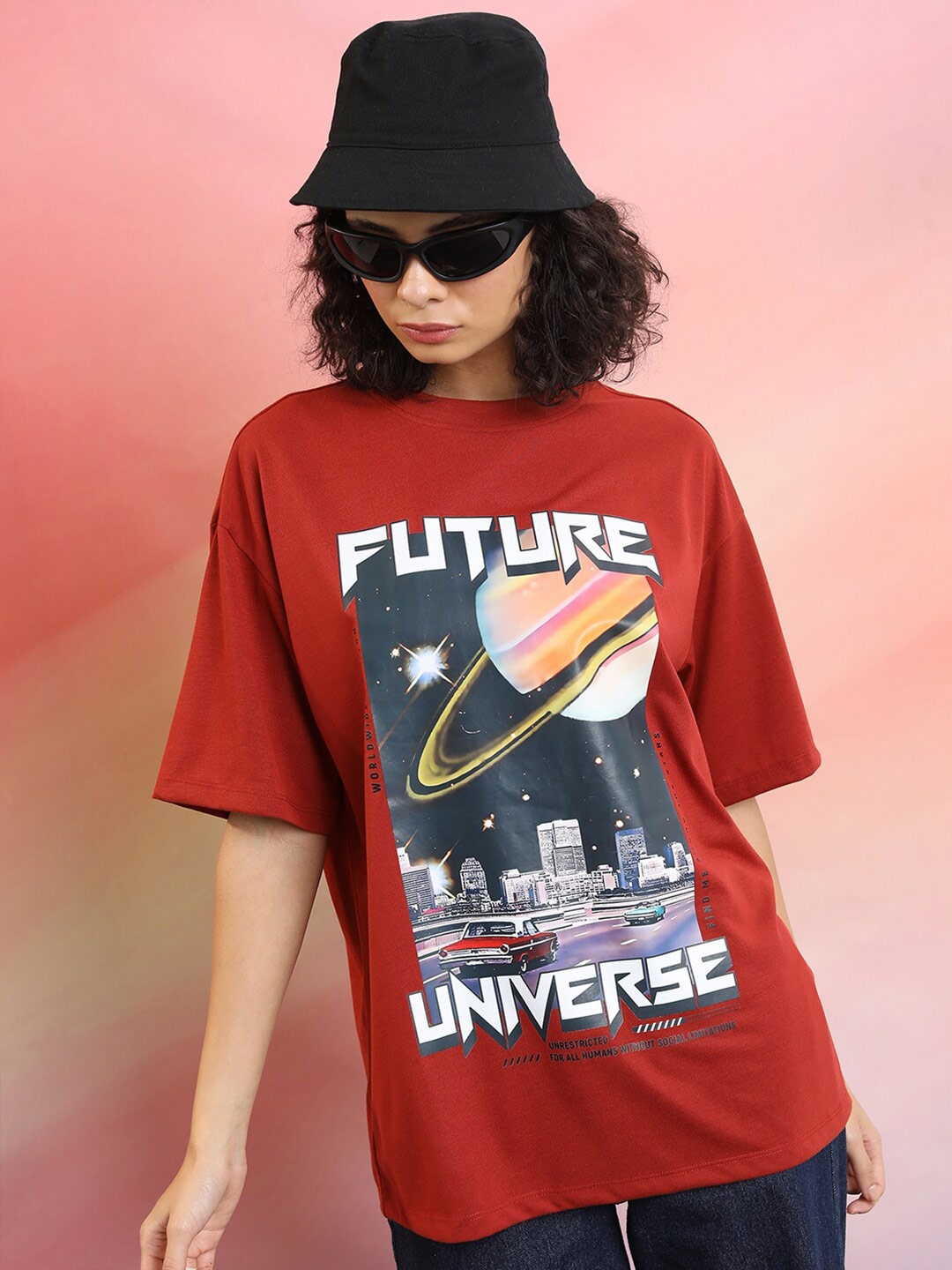 

Tokyo Talkies Graphic Printed Round Neck Oversized T-shirt, Rust