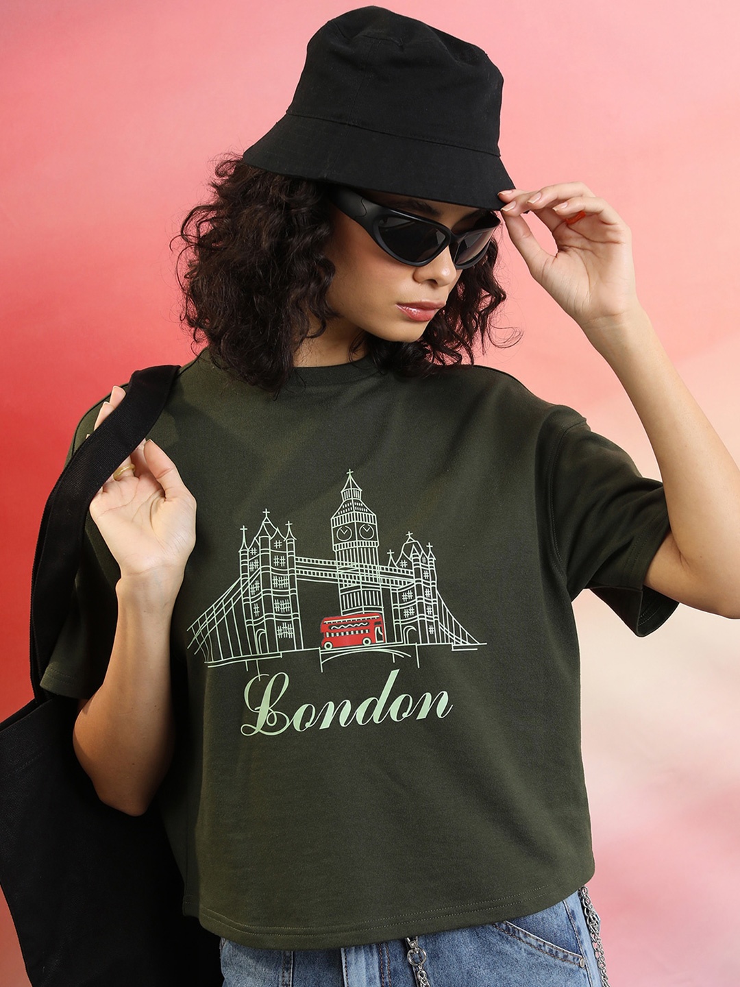 

Tokyo Talkies Graphic Printed Drop-shoulder Oversized T-shirt, Olive