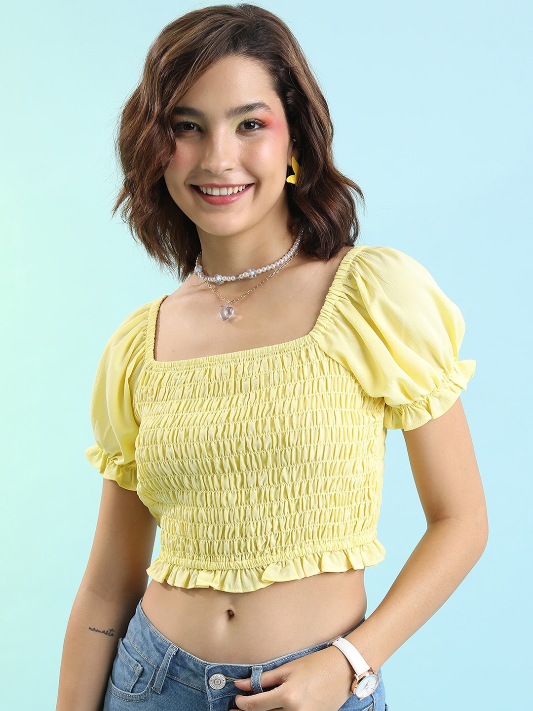 

Tokyo Talkies Yellow Square Neck Puffed Sleeves Smocked Crop Top