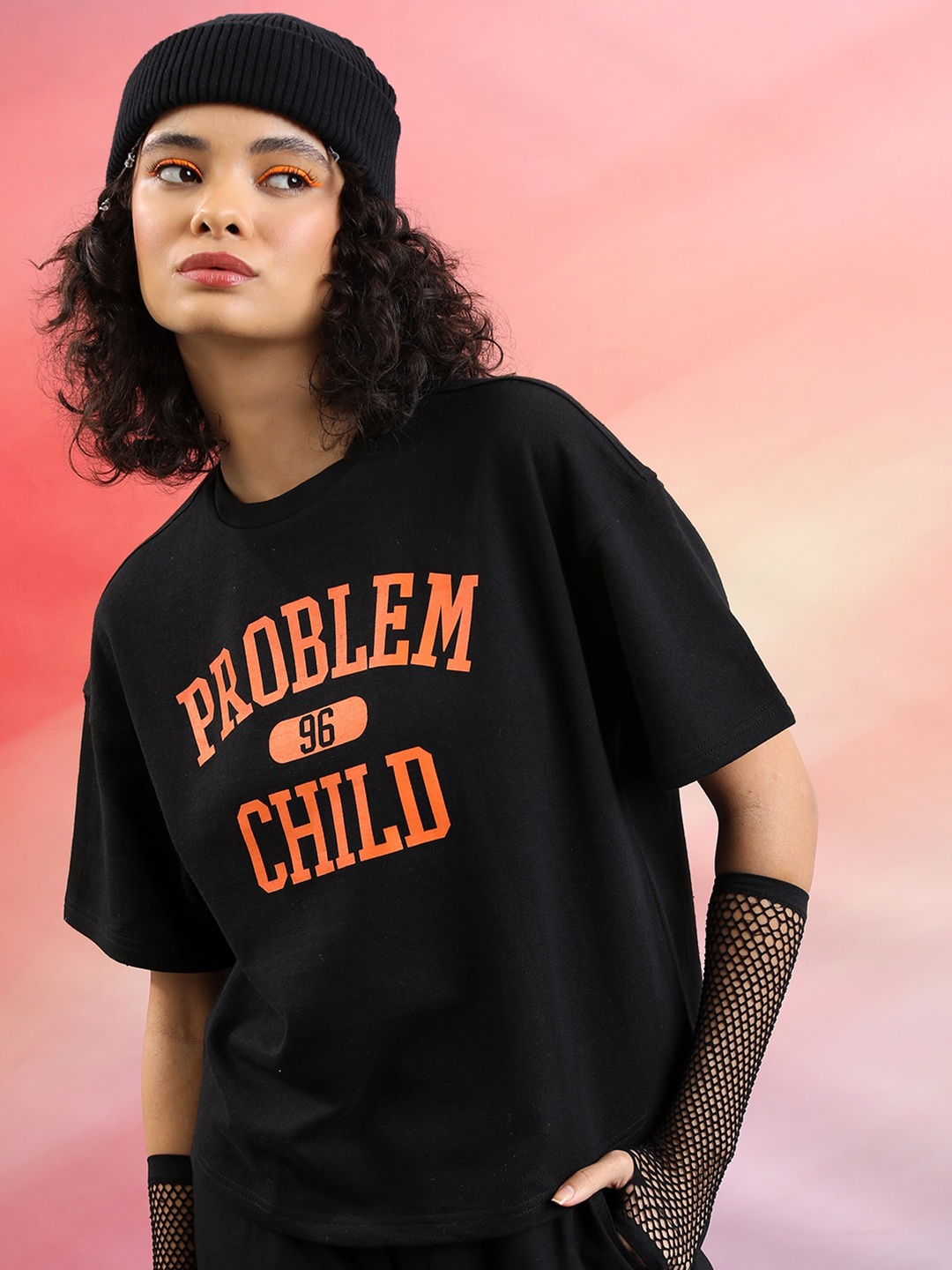 

Tokyo Talkies Typography Printed Drop-shoulder Oversized T-shirt, Black
