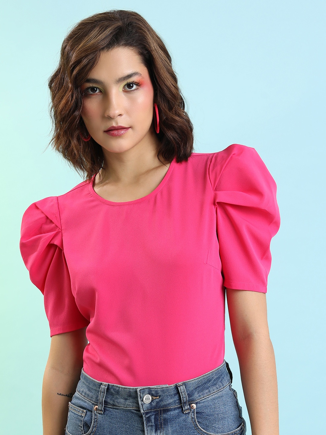 

Tokyo Talkies Pink Round Neck Puff Sleeves Top