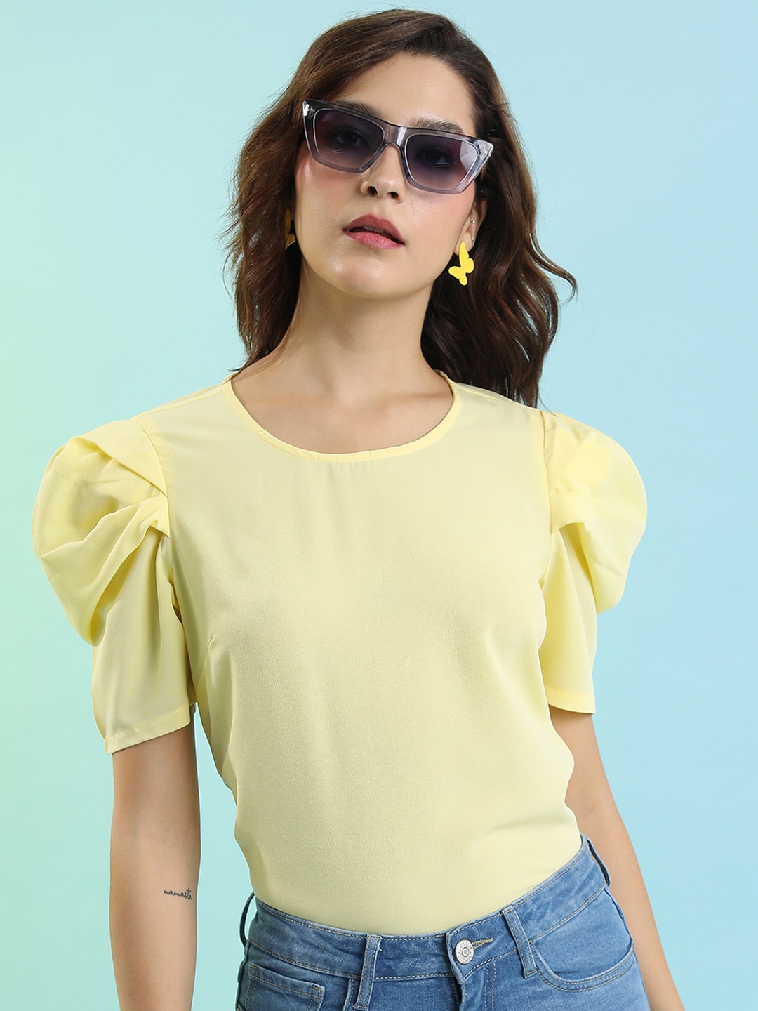

Tokyo Talkies Yellow Round Neck Puff Sleeves Top