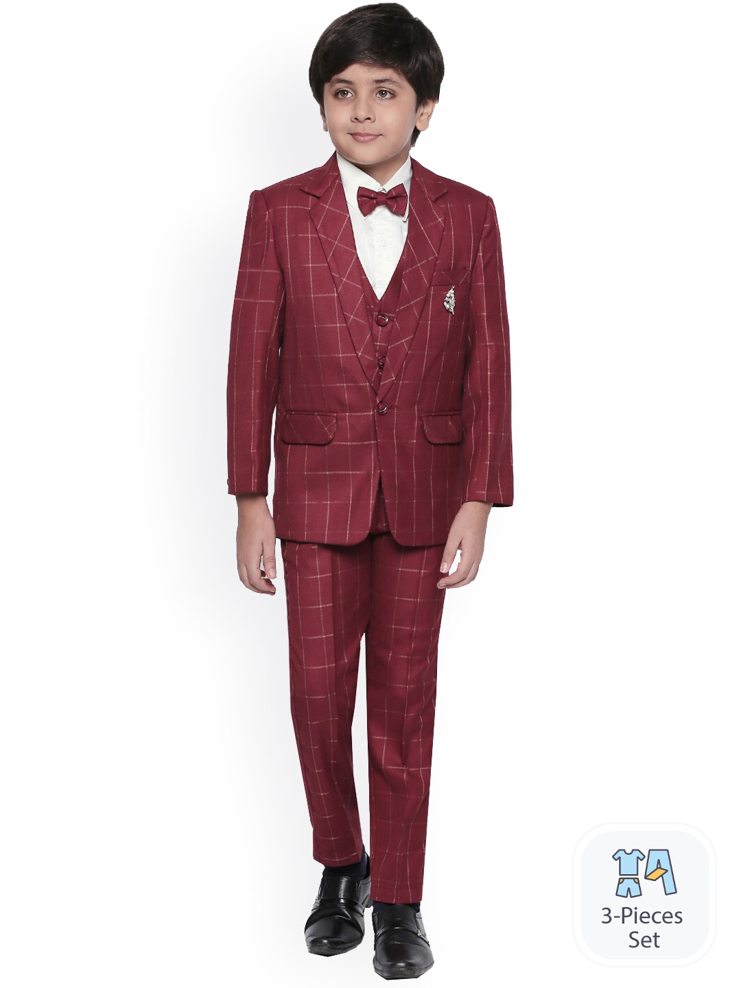 

BAESD Boys Checked 5-Piece Single-Breasted Suit, Maroon