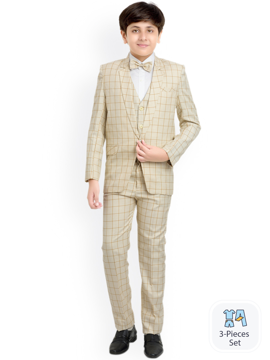

BAESD Boys Checked Single-Breasted 5-Piece Party Suit, Beige