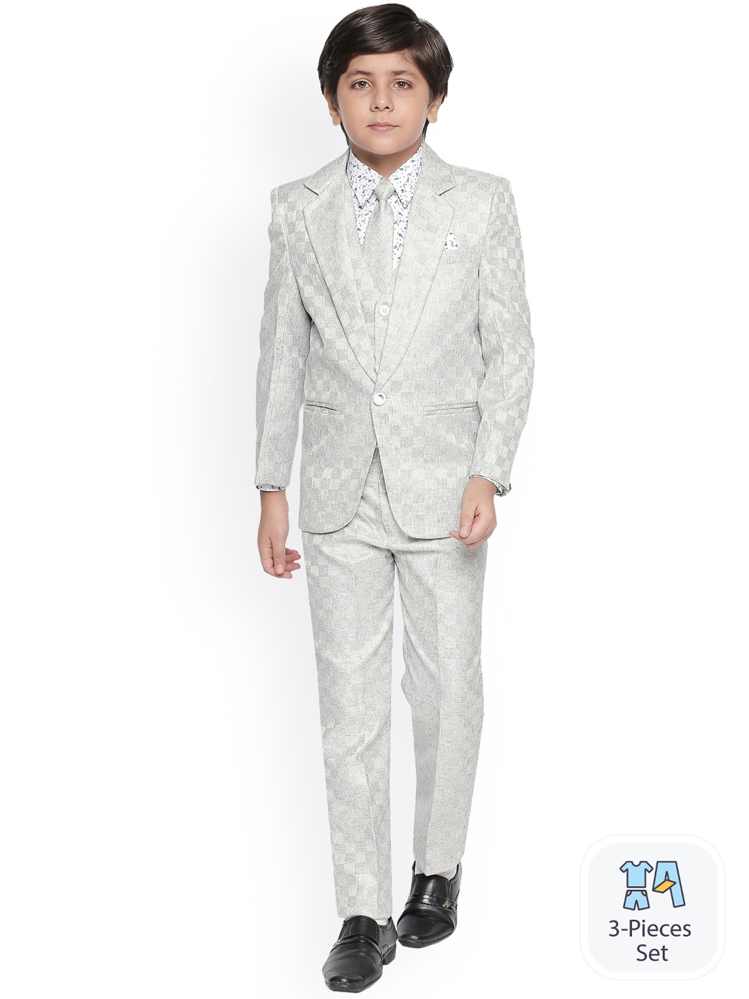 

BAESD Boys Checked Single-Breasted 5-Piece Party Suit, Silver
