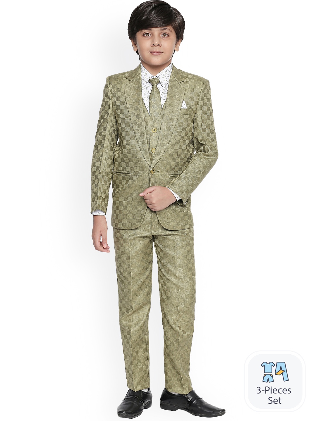 

BAESD Boys Checked Single Breasted Silk Cotton 5 Piece Party Suits, Green