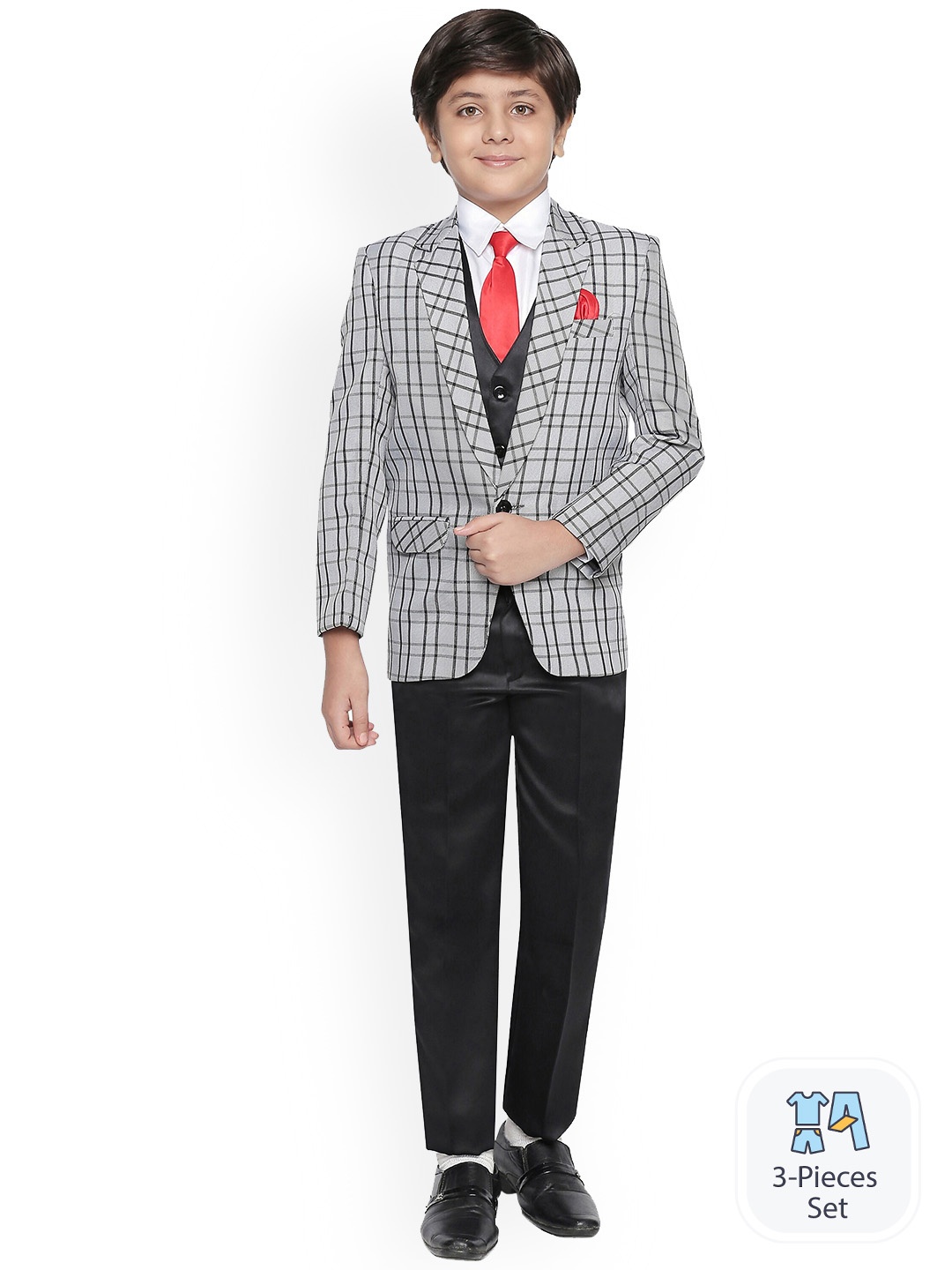

BAESD Boys Checked Single Breasted Silk Cotton 5 Piece Party Suits, Grey