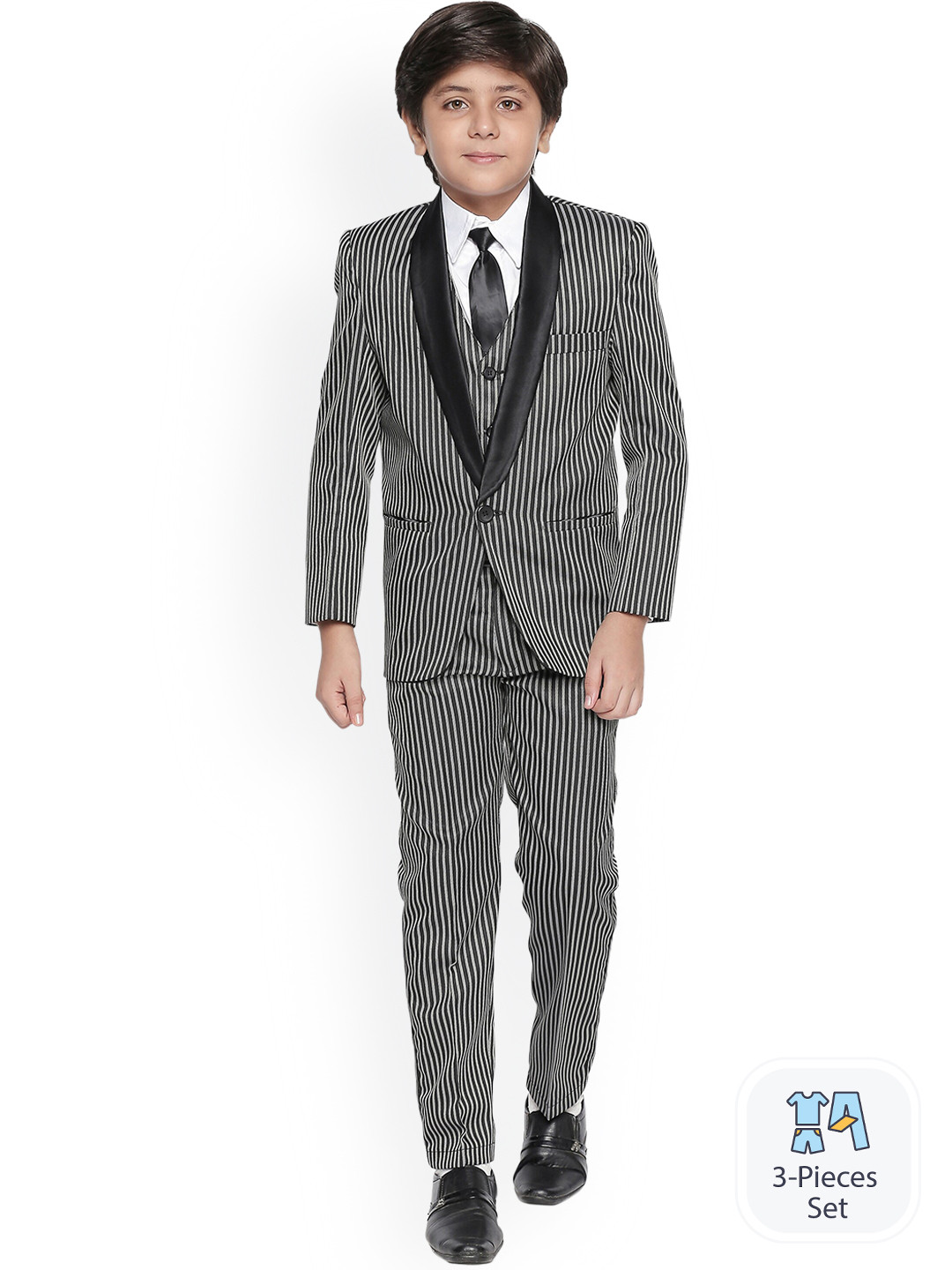 

BAESD Boys Striped Single Breasted Silk Cotton 5 Piece Party Suits, Black