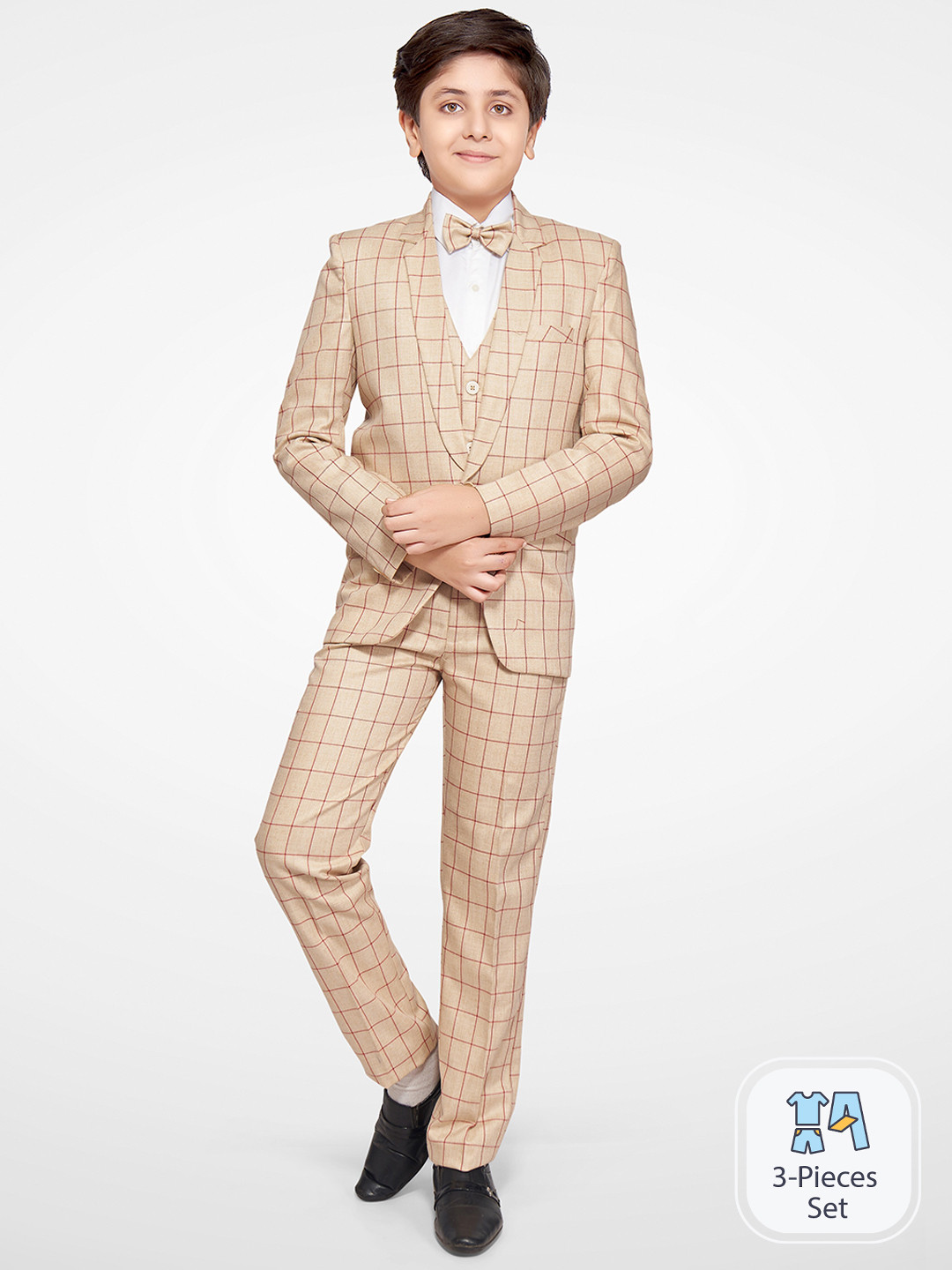 

BAESD Boys Checked Single-Breasted 5-Piece Party Suit, Beige
