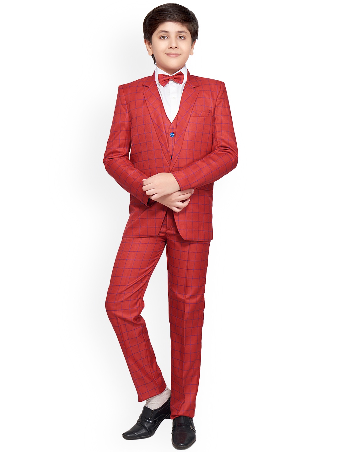 

BAESD Boys 4-Piece Checked Single-breasted Party Suit Set, Red