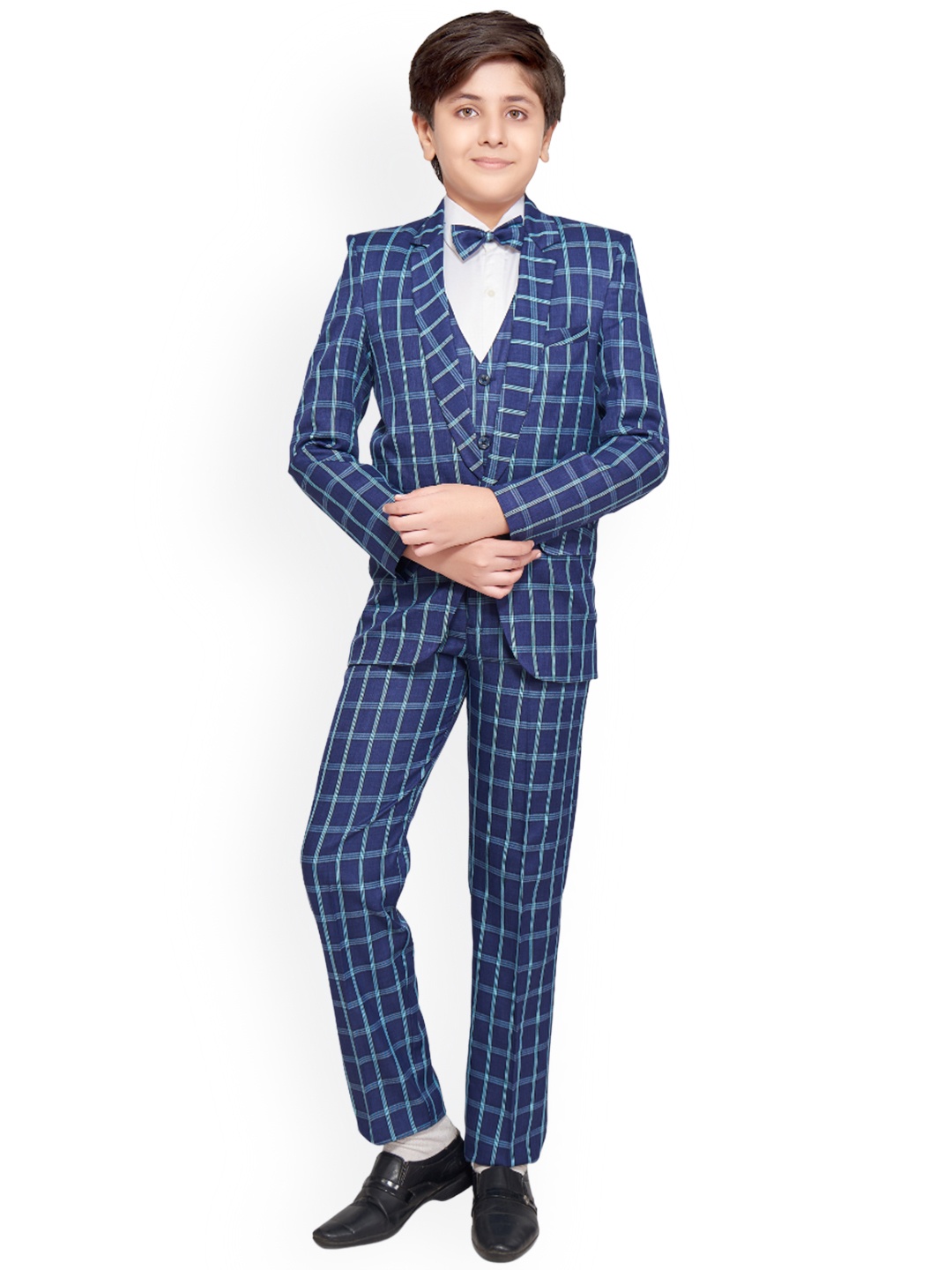 

BAESD Boys Checked Single-breasted Party Suit, Navy blue