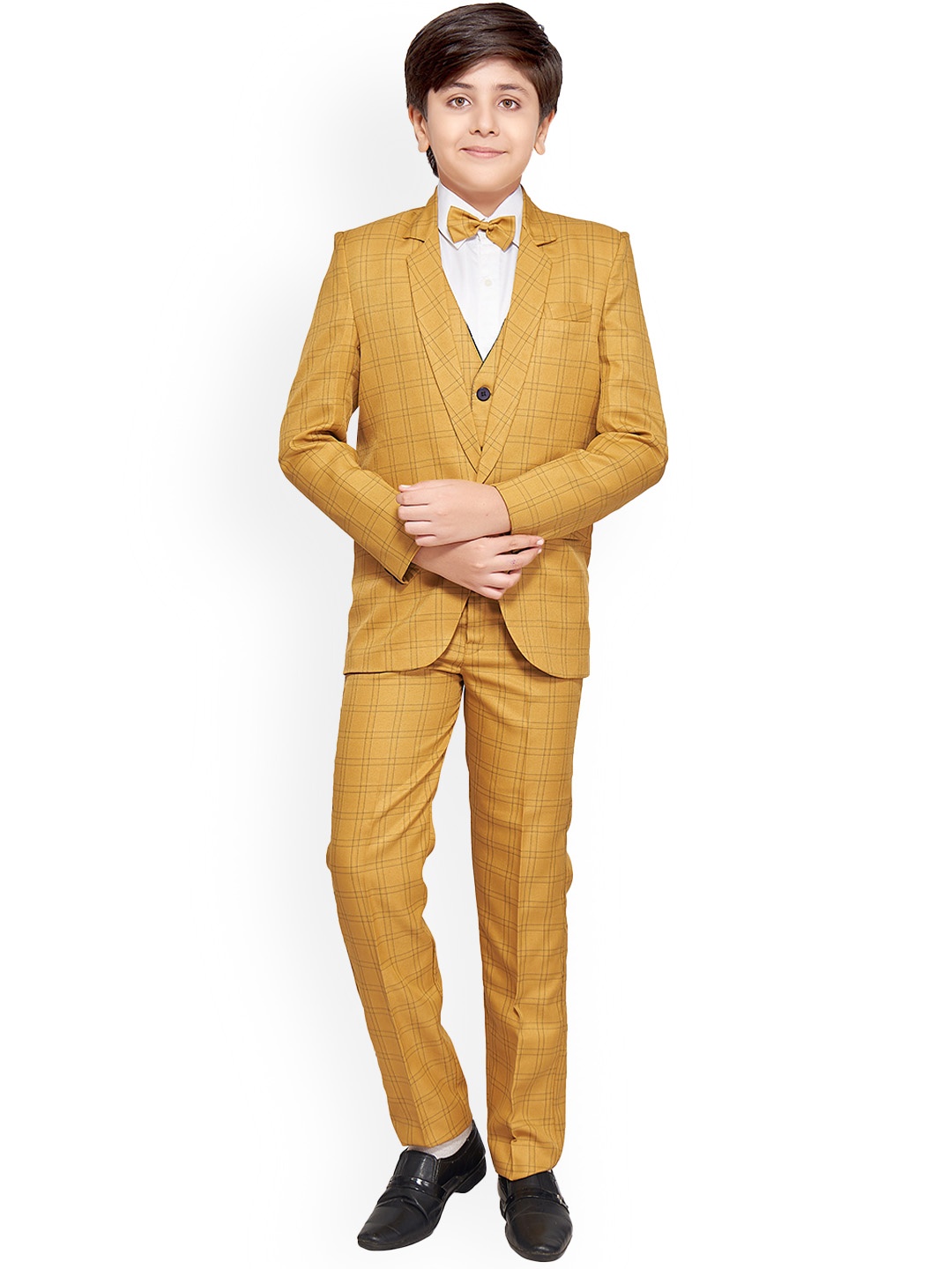 

BAESD Boys Checked Single-breasted Party Suit Set, Mustard