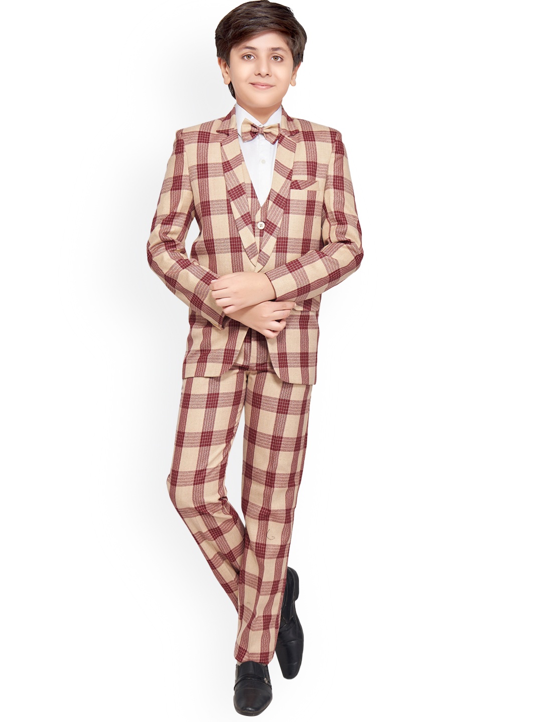 

BAESD Boys 5-Piece Checked Single-breasted Party Suit Set, Beige