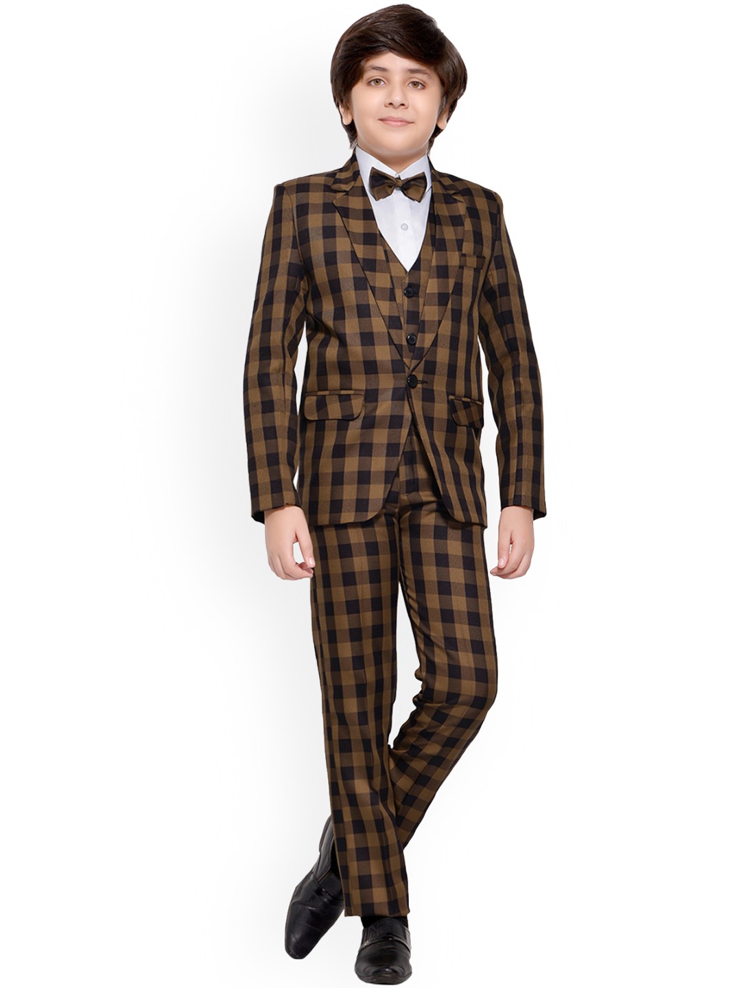 

BAESD Boys Checked Single Breasted 5 Pieces Party Suits, Gold