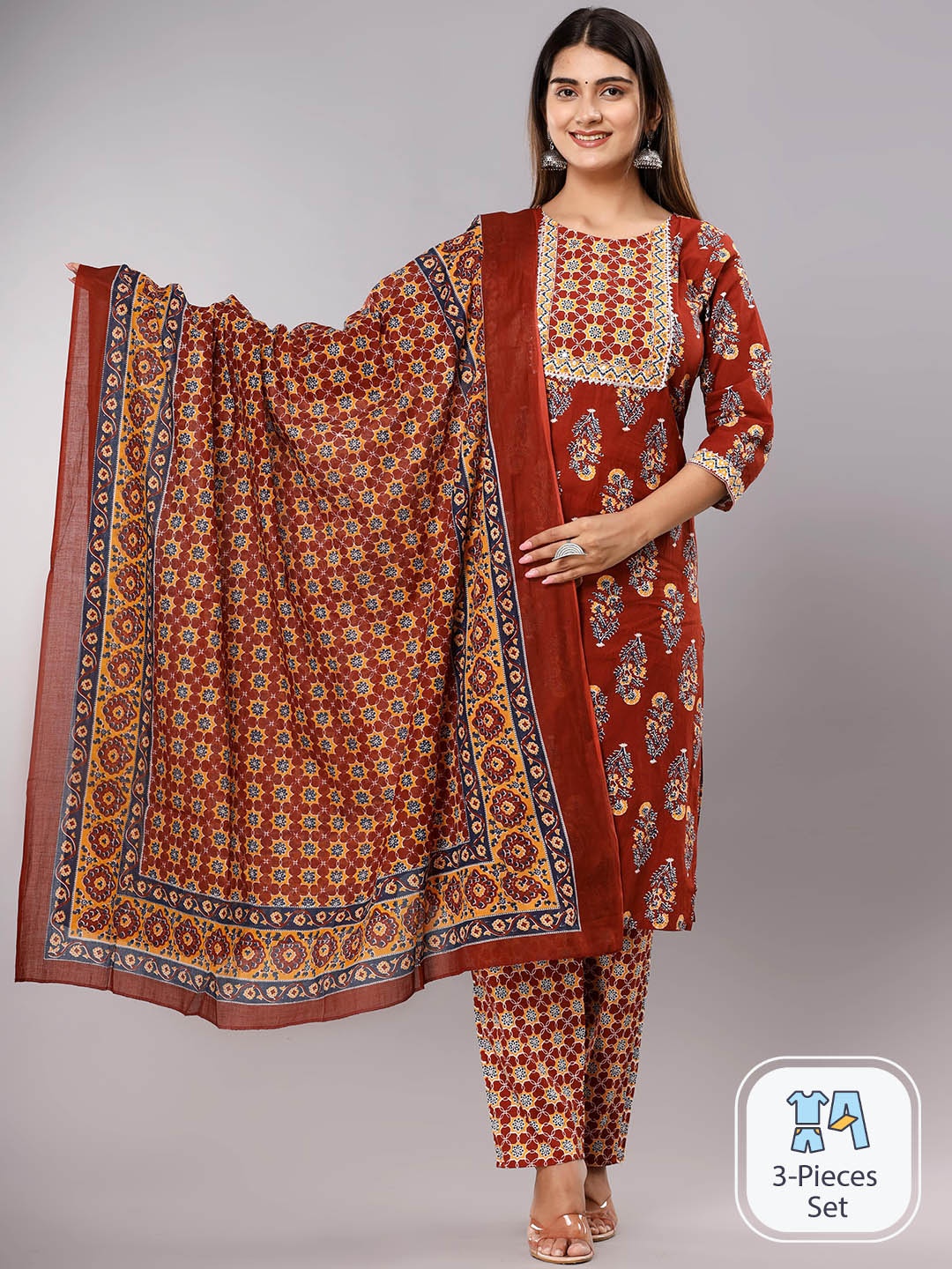 

Krati Creations Ethnic Motifs Printed Pure Cotton Straight Kurta & Trousers With Dupatta, Maroon
