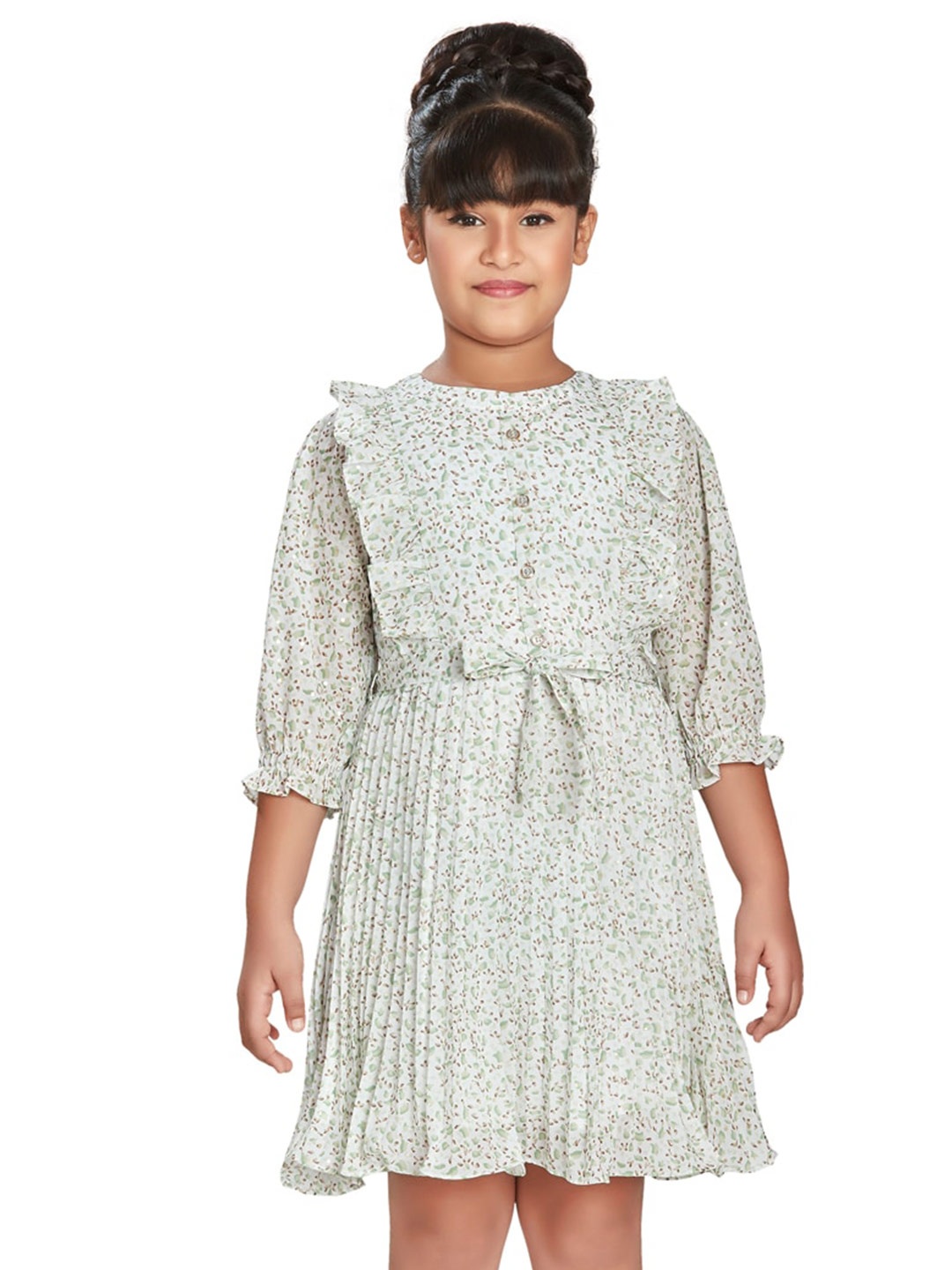 

Peppermint Girls Floral Printed Puff Sleeve Crepe Fit & Flare Dress, Green
