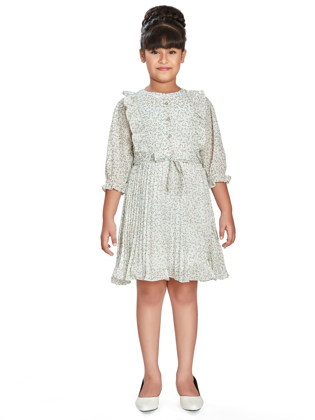 

Peppermint Girls Floral Printed Puff Sleeves Belted A-Line Dress, White