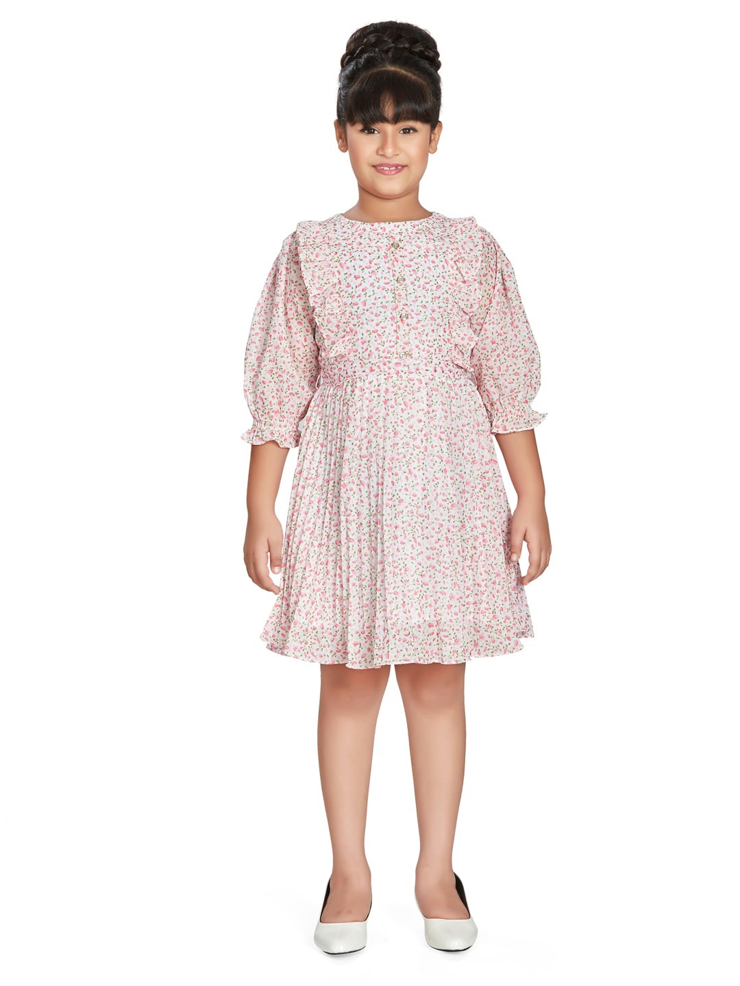 

Peppermint Girls Floral Printed Puff Sleeves Belted A-Line Dress, White