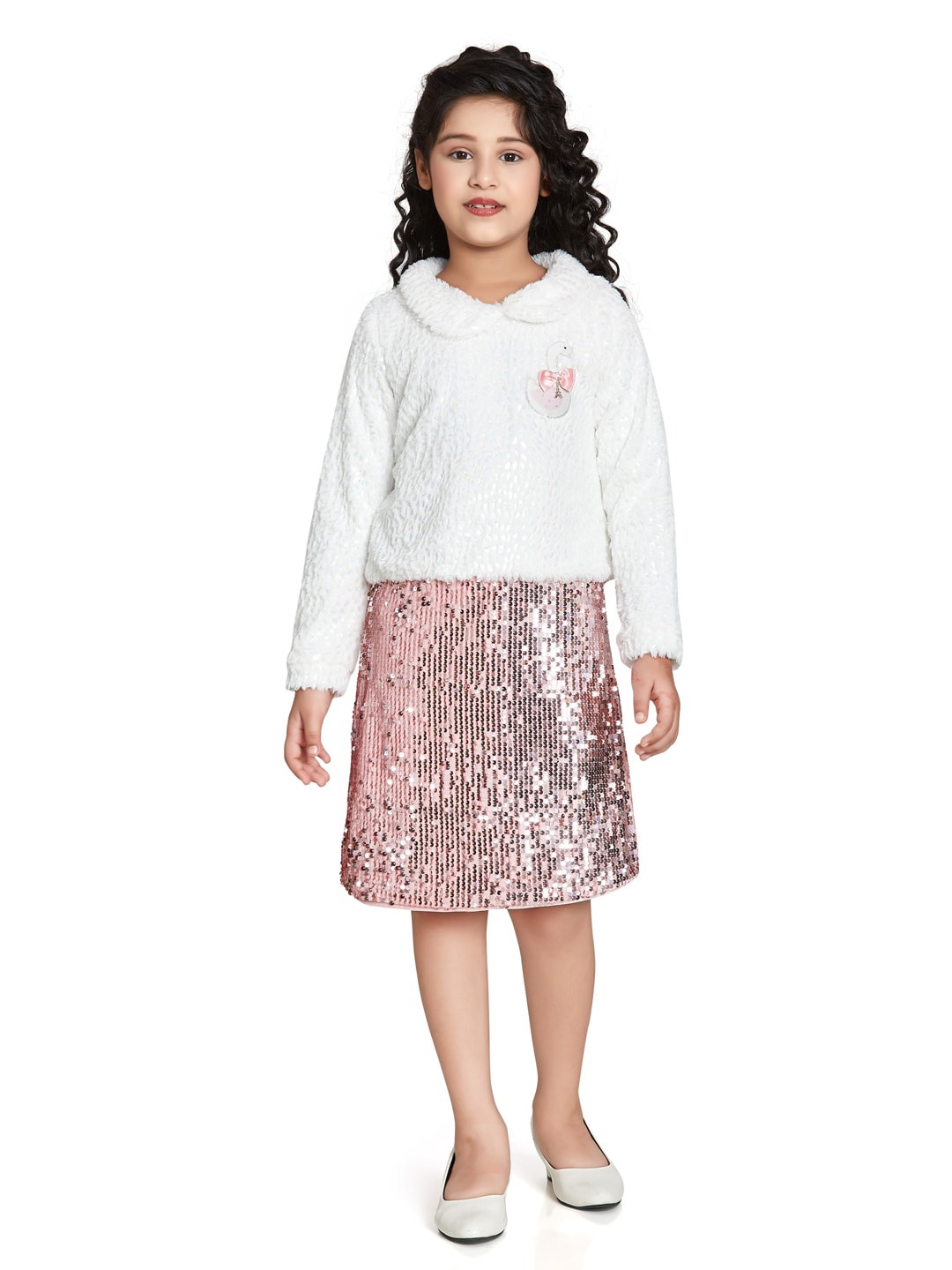 

Peppermint Girls Embellished Peter Pan Collar Sequined Poly Silk A-Line Dress, White