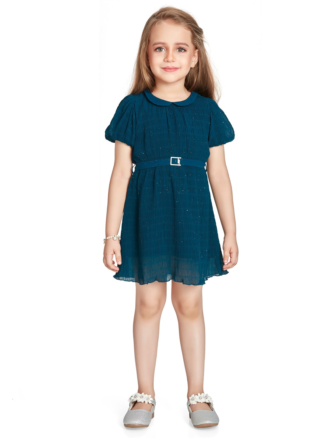 

Peppermint Girls Self Design Peter Pan Collar Puff Sleeve Belted Fit & Flare Dress, Teal