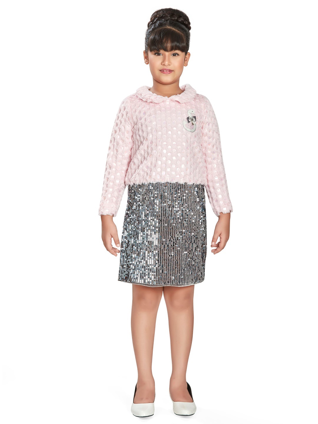 

Peppermint Girls Embellished Shirt Collar Long Sleeve Squined A-Line Dress, Pink