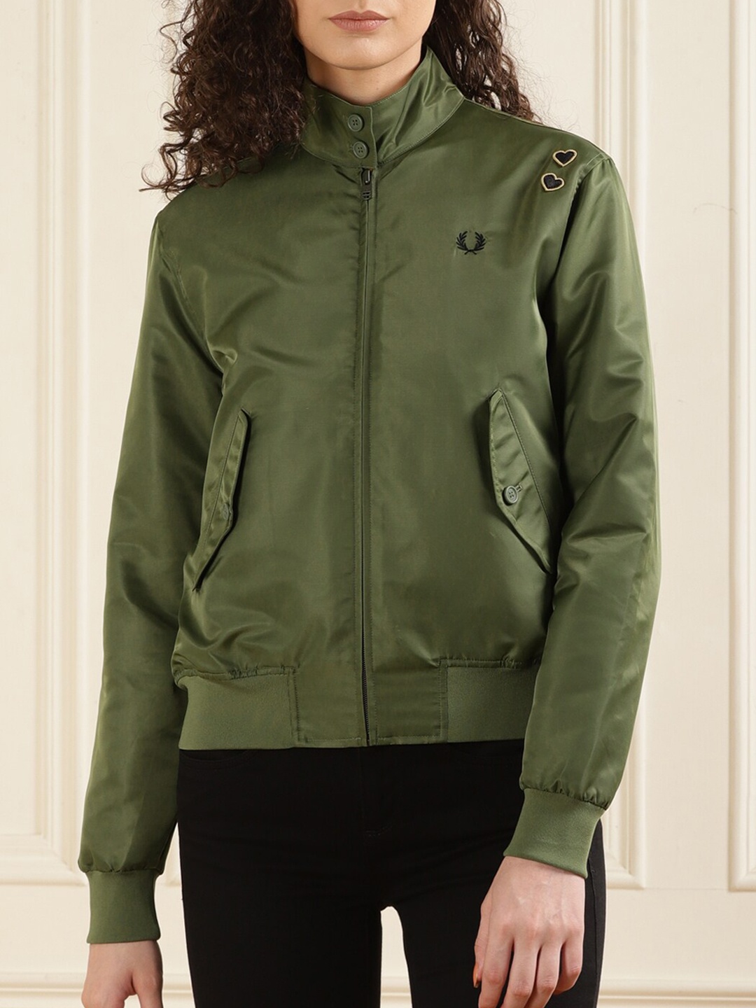 

Fred Perry Embroidered Stand Collar Open Front Jacket, Green