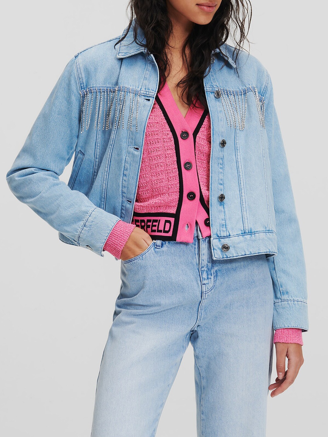 

Karl Lagerfeld Embellished Washed Pure Cotton Denim Jacket, Blue