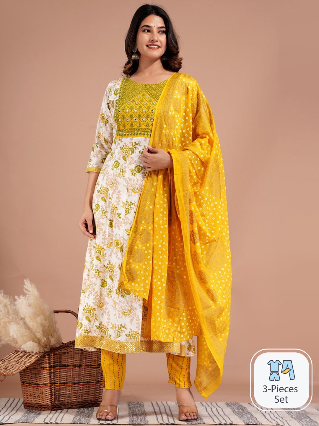 

UNISETS Floral Printed Regular Thread Work Kurta With Trousers & Dupatta, Yellow