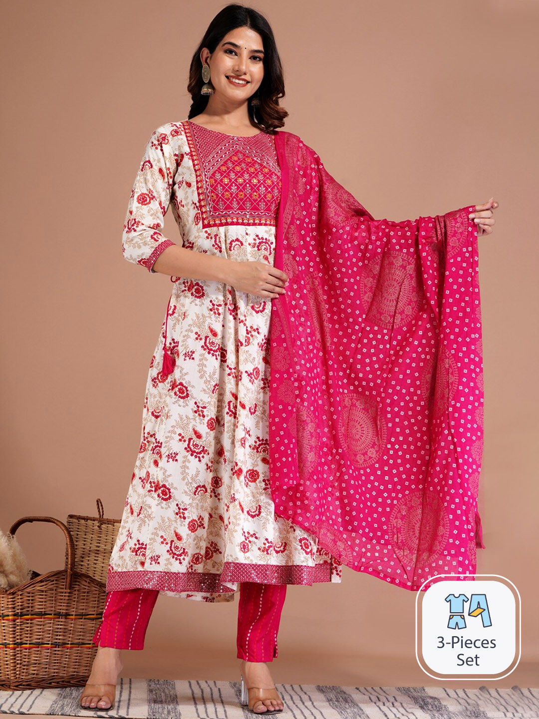 

UNISETS Floral Printed Regular Mirror Work Kurta with Trousers & Dupatta, Rose