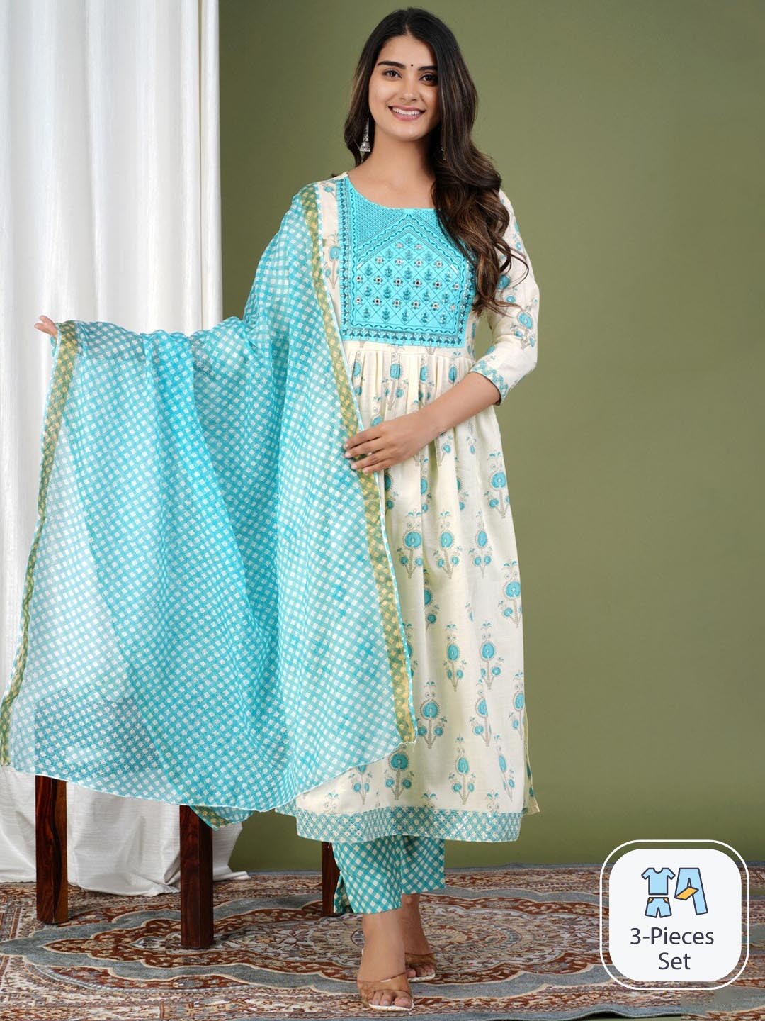 

UNISETS Floral Printed Sequinned Anarkali Kurta with Trousers & With Dupatta, Turquoise blue