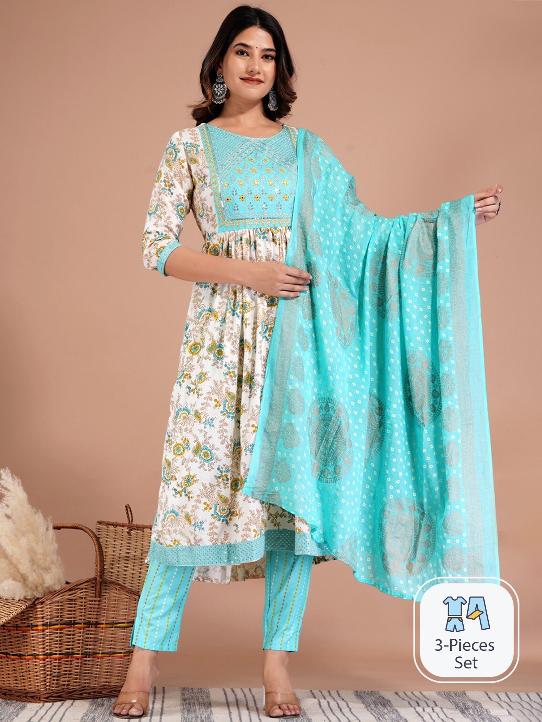 

UNISETS Floral Printed Sequinned Kurta with Trousers & With Dupatta, Turquoise blue