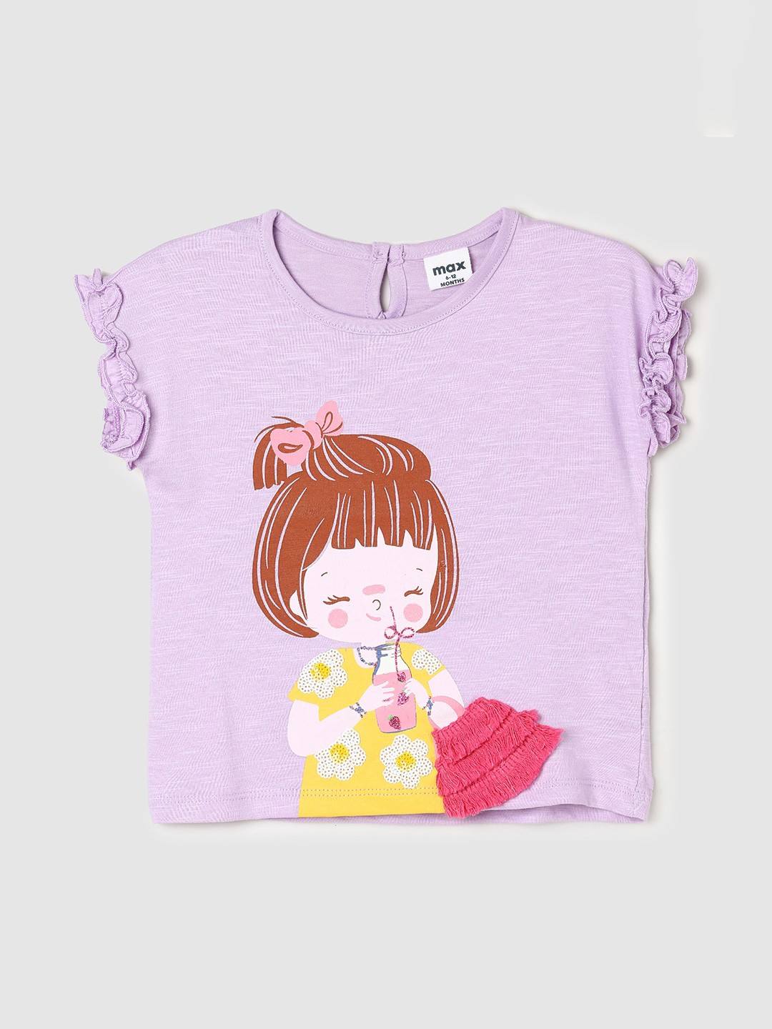 

max Girls Graphic Printed Flutter Sleeve Pure Cotton Top, Purple