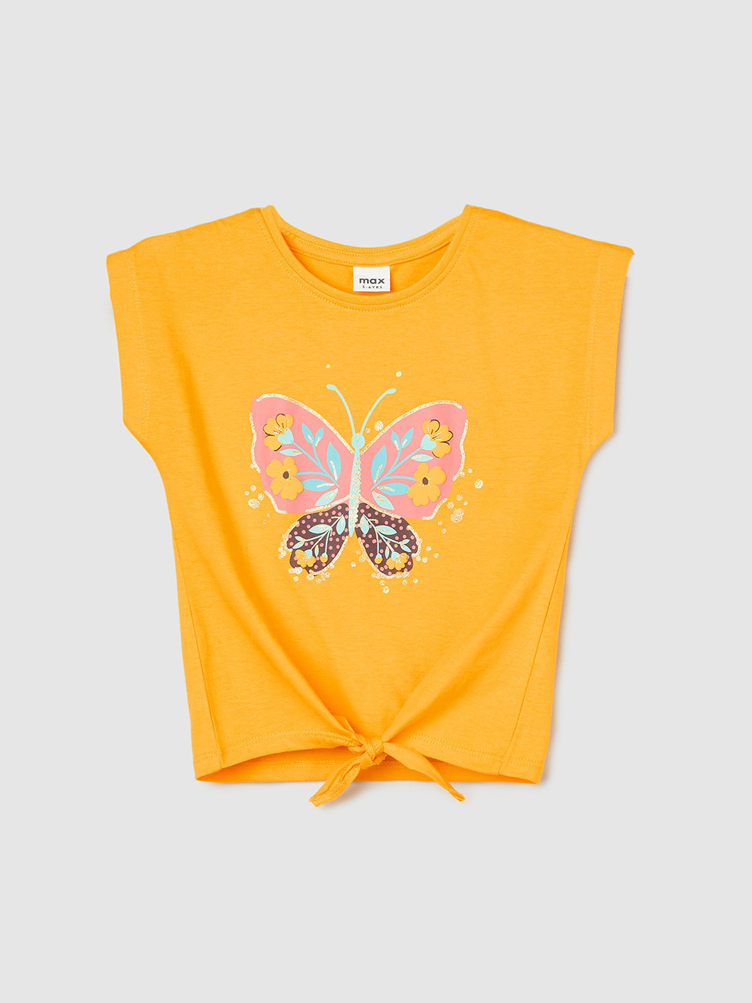 

max Girls Graphic Printed Cotton Extended Sleeves Waist Tie-Ups Top, Yellow
