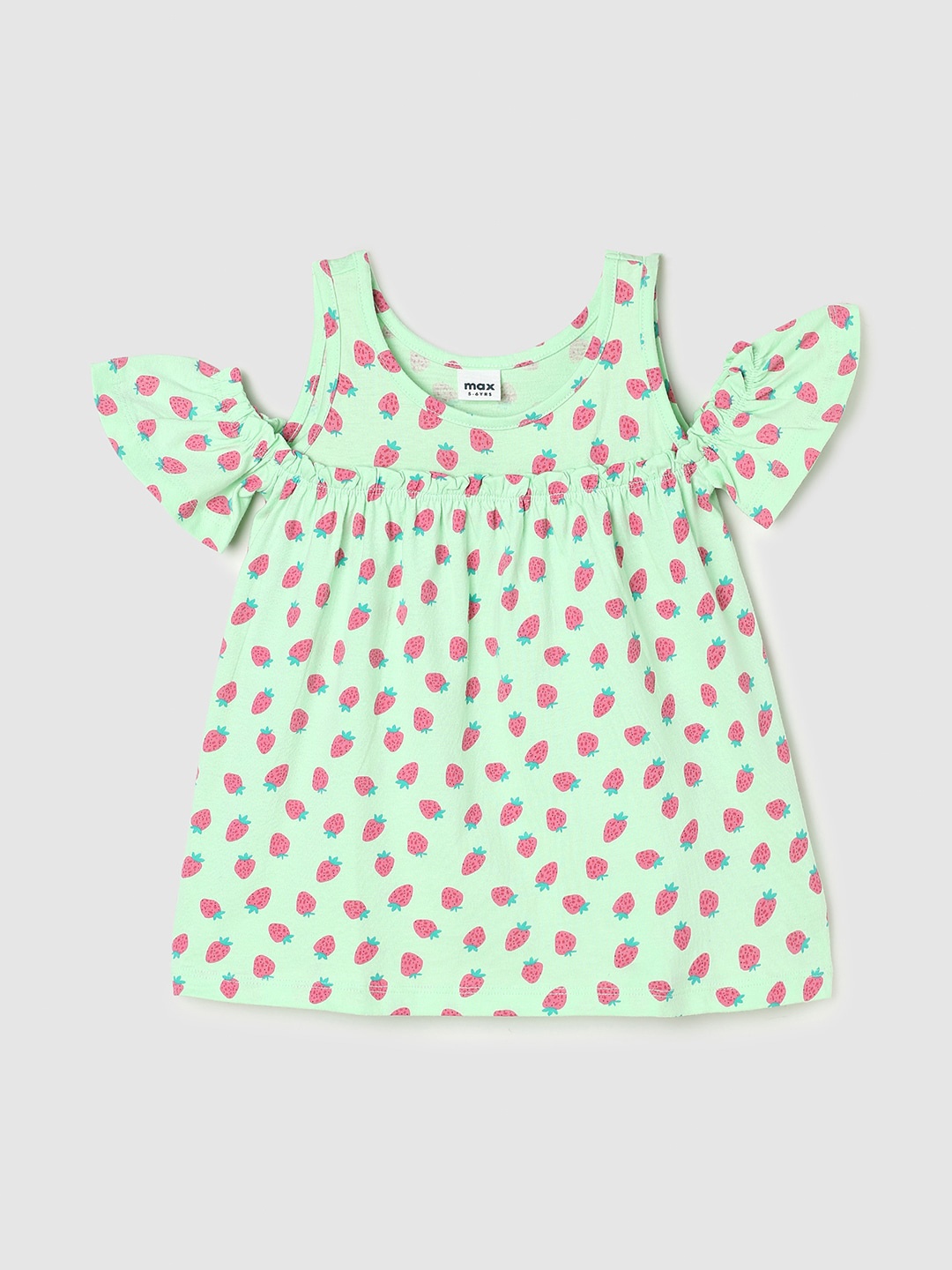 

max Girls Conversational Printed Cold-Shoulder Sleeves Pure Cotton A-line Top, Green