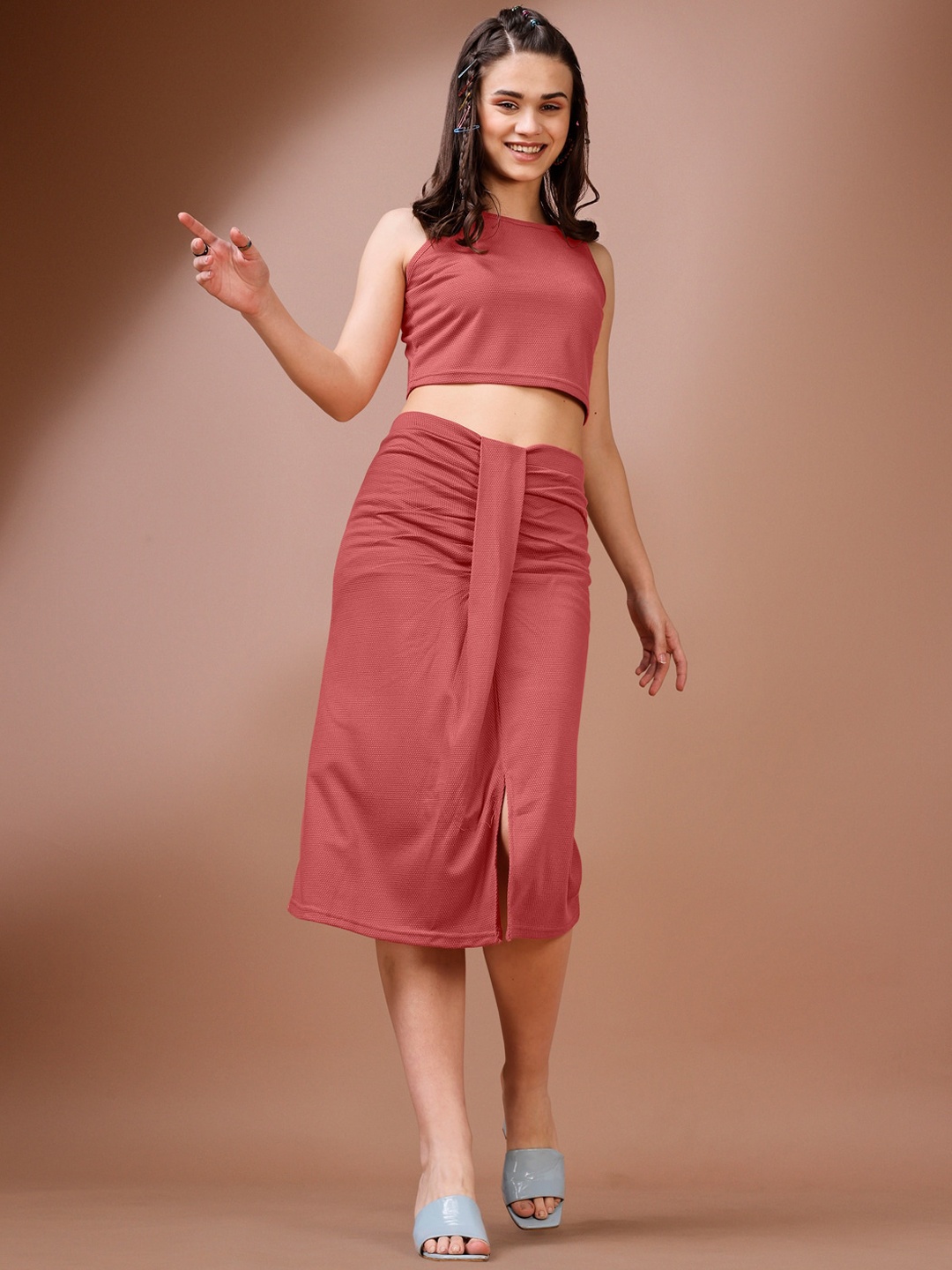 

PURVAJA Ruched Top & Skirt Co-Ord, Rust