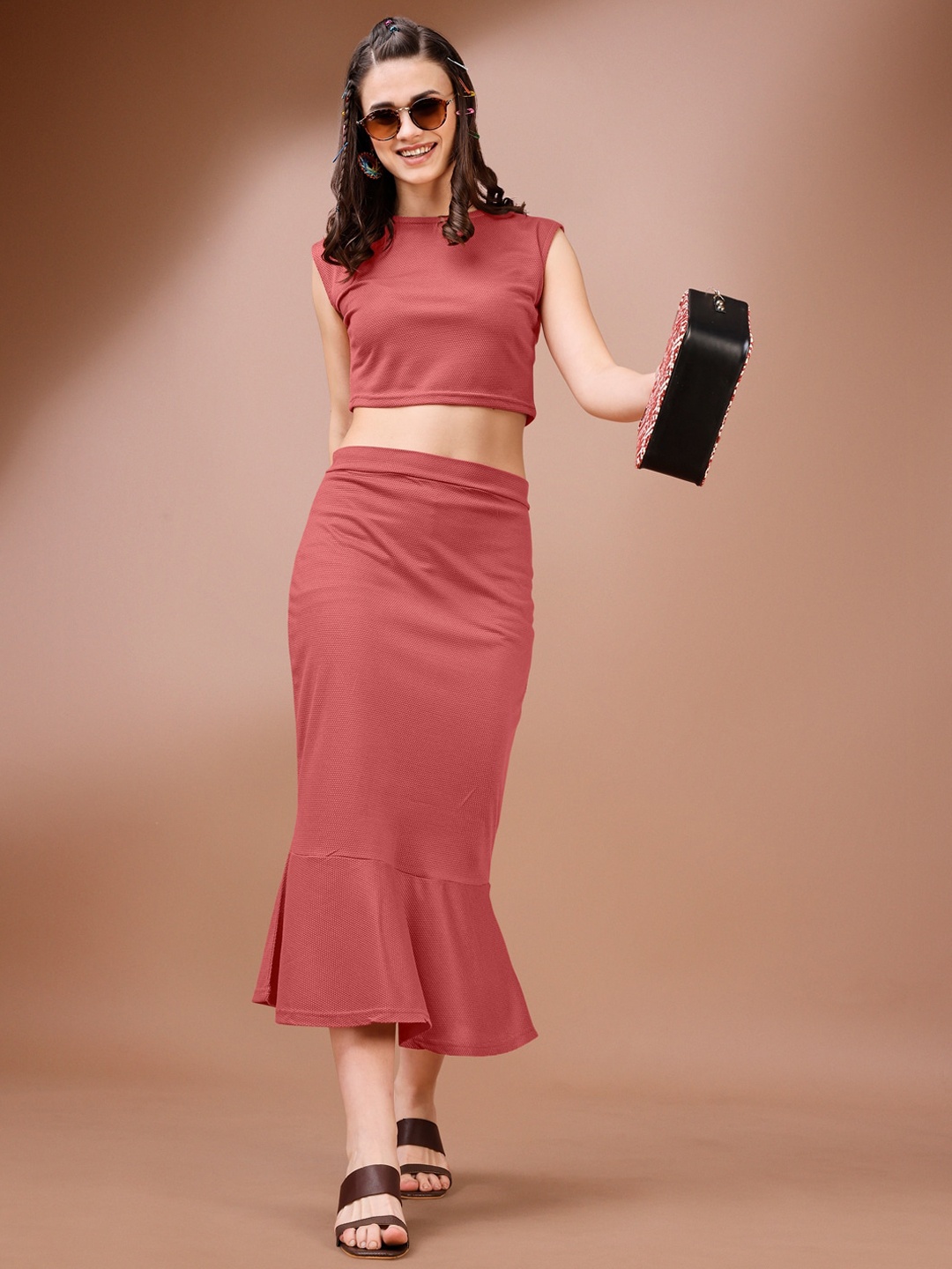 

PURVAJA Ruffle Top & Skirt Co-Ord, Rust