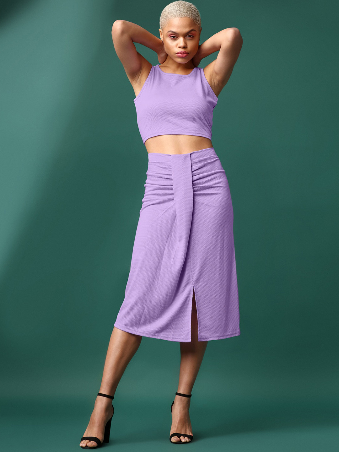 

PURVAJA Round Neck Crop Top With Skirts Co-Ords, Lavender