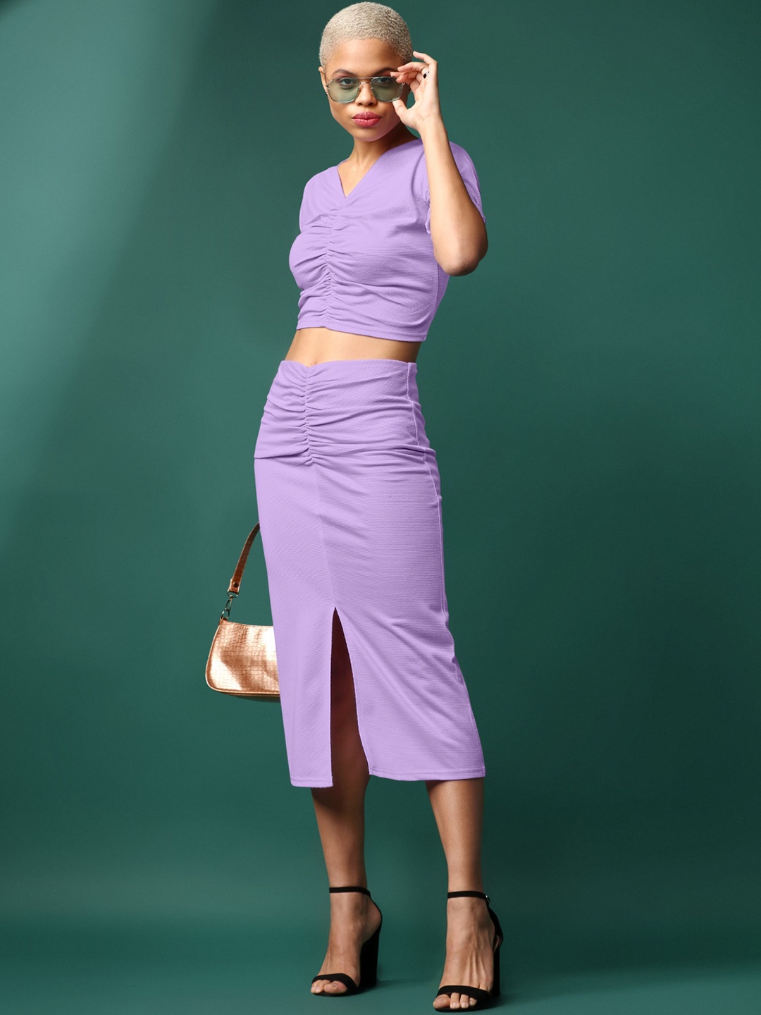 

PURVAJA Ruched Top & Skirt Co-Ord, Lavender