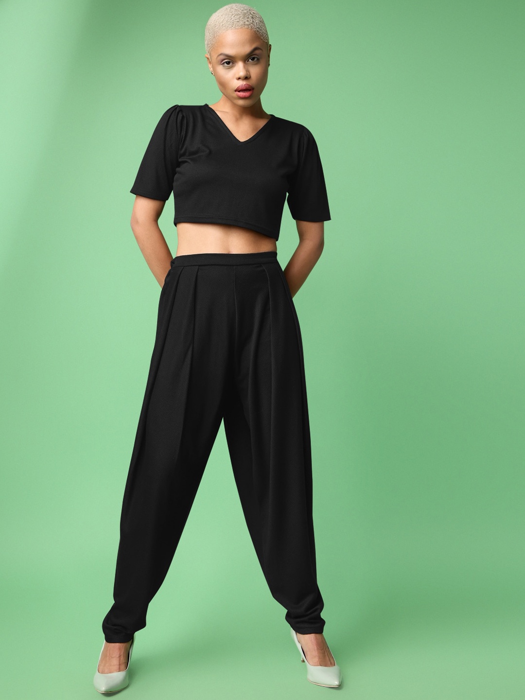 

PURVAJA Round Neck Crop Top With Dhoti Co-Ords, Black
