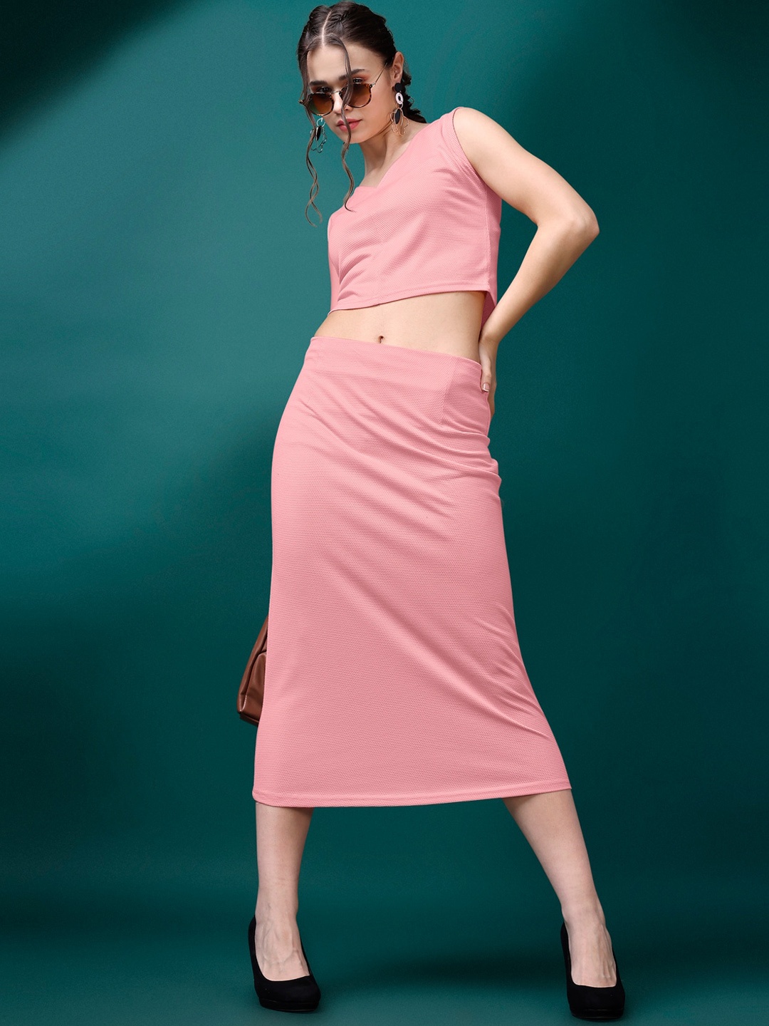 

PURVAJA V-Neck Top & Skirt Co-Ord, Peach