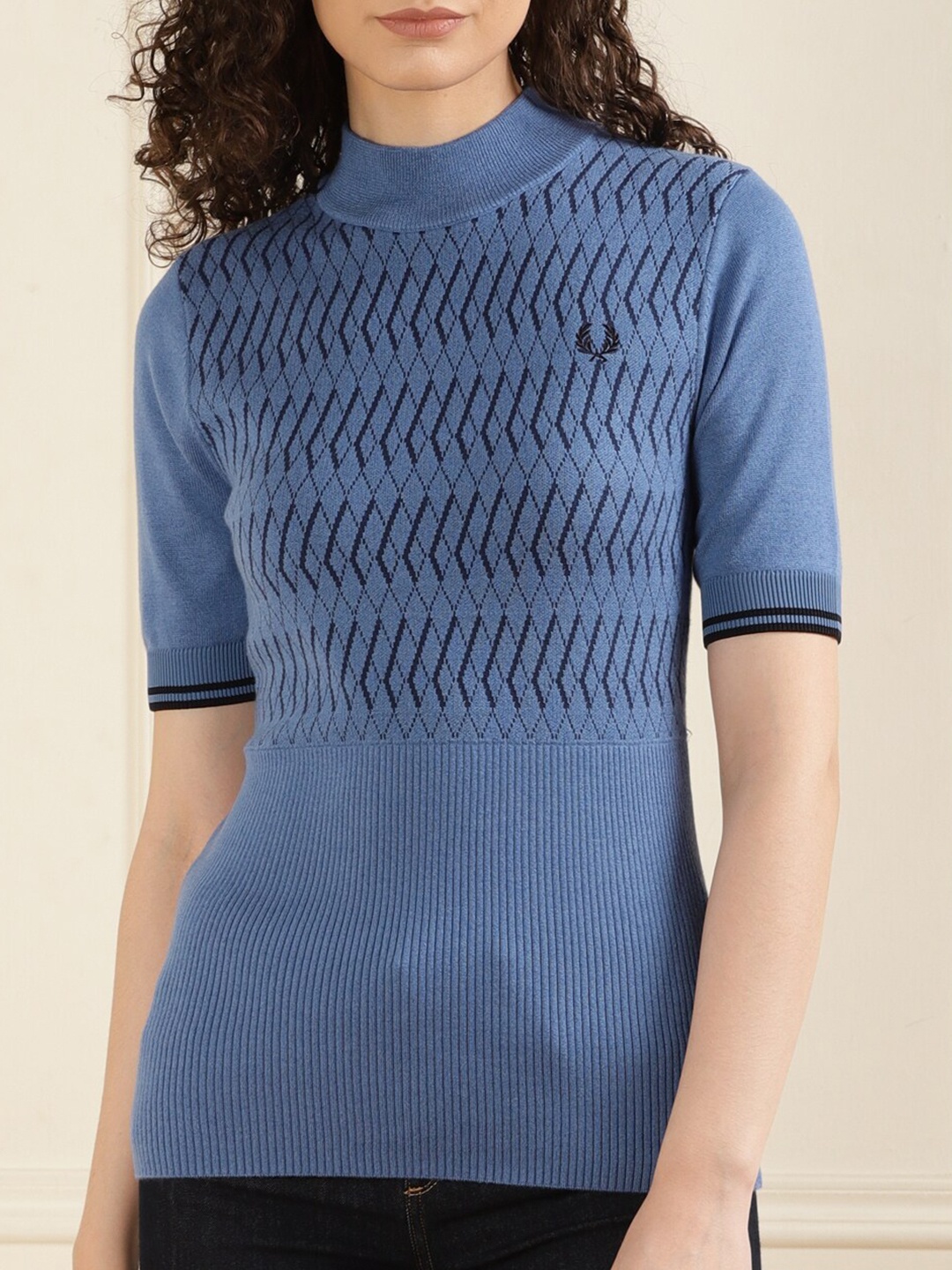 

Fred Perry Cable Knit Mock Collar Ribbed Jumper, Blue