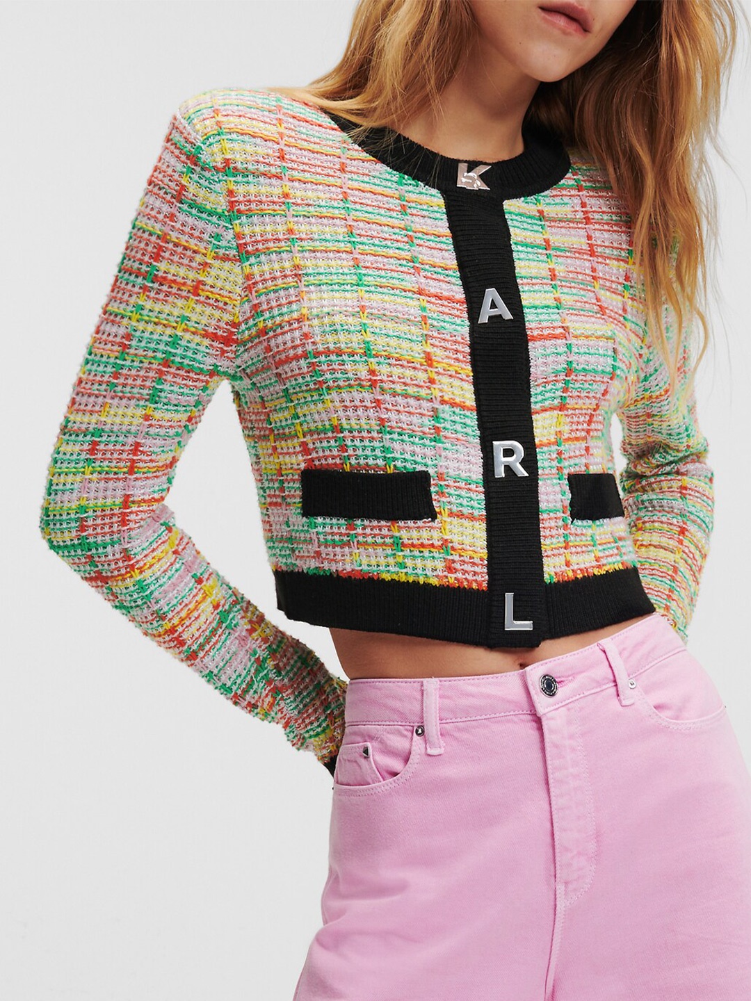 

Karl Lagerfeld Checked Round Neck Cardigan, Green
