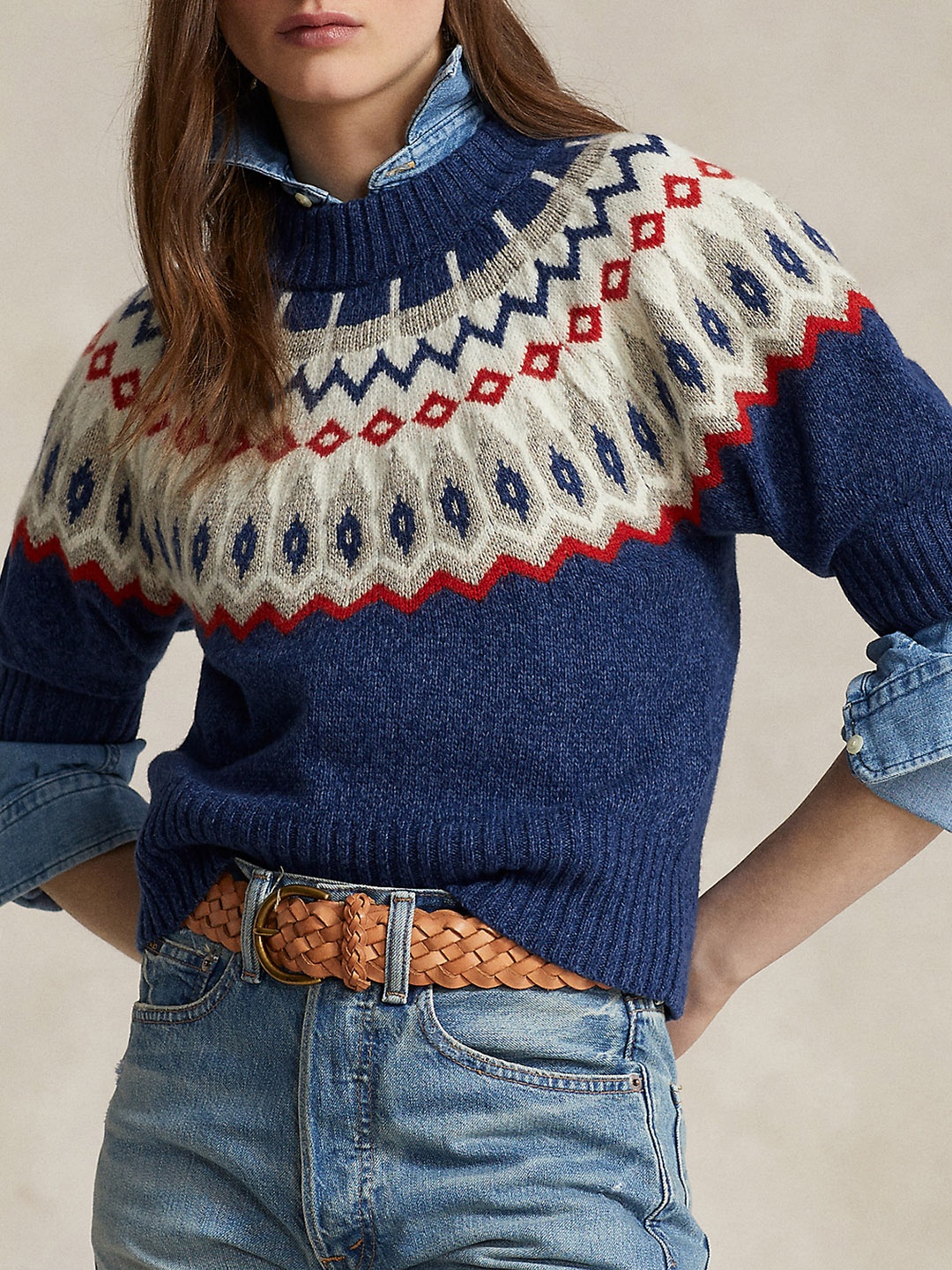 

Polo Ralph Lauren Woven Design Puff-Sleeve Sweater, Blue