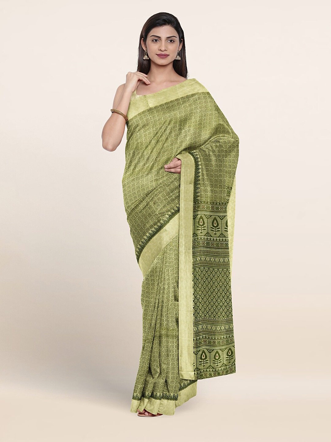 

Pothys Ethnic Motifs Printed Zari Pure Cotton Saree, Green