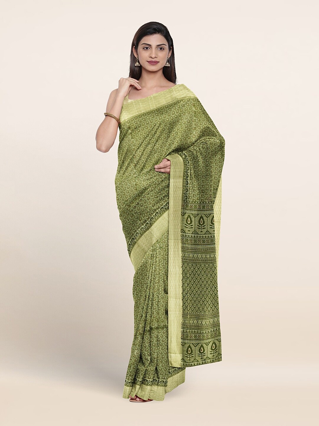 

Pothys Paisley Printed Zari Pure Cotton Saree, Green